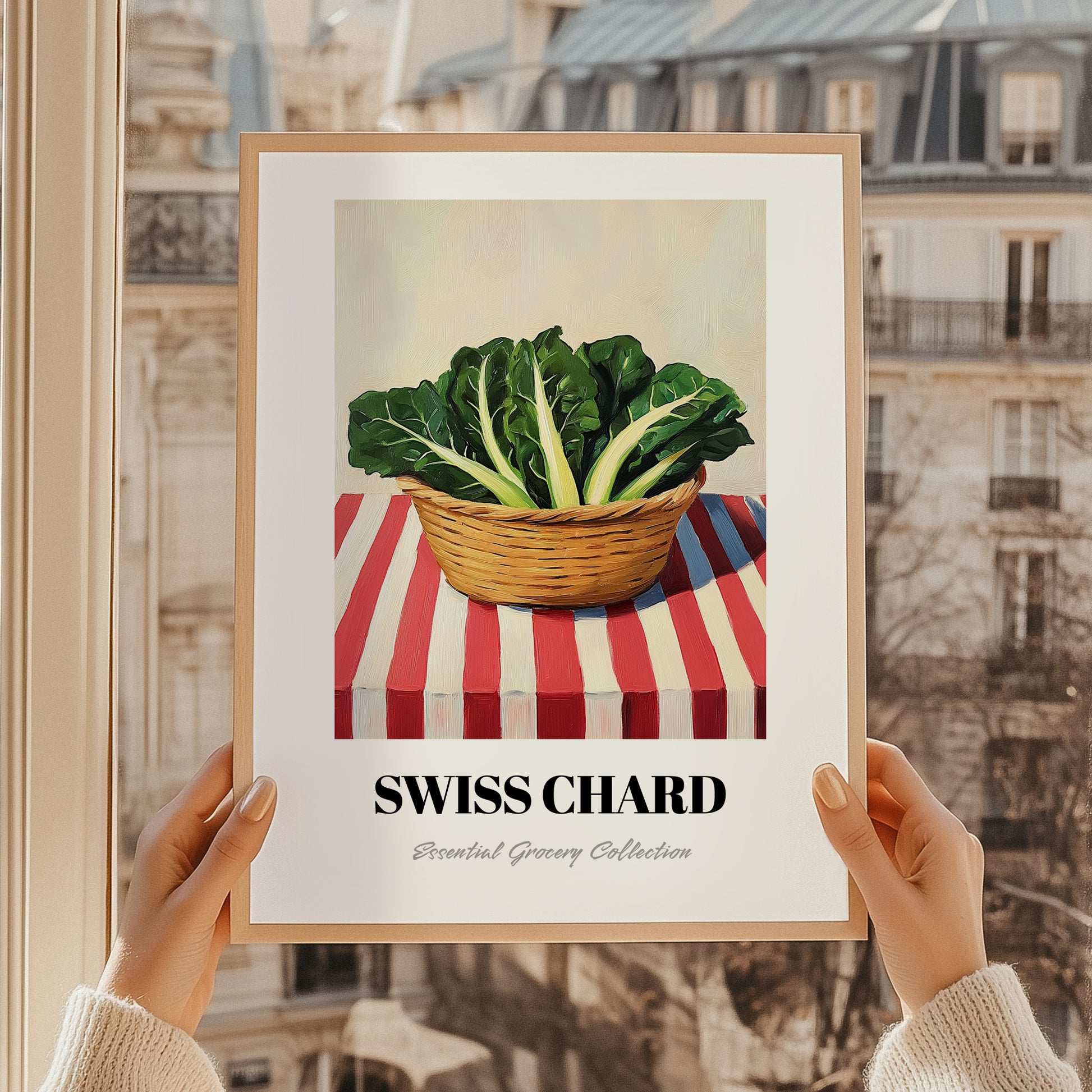 Swiss Chard – on Striped Tablecloth, Vegetable Painting, styled in a charming Paris street view