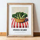 Swiss Chard – on Striped Tablecloth, Vegetable Painting, in wooden frame leaning on the floor
