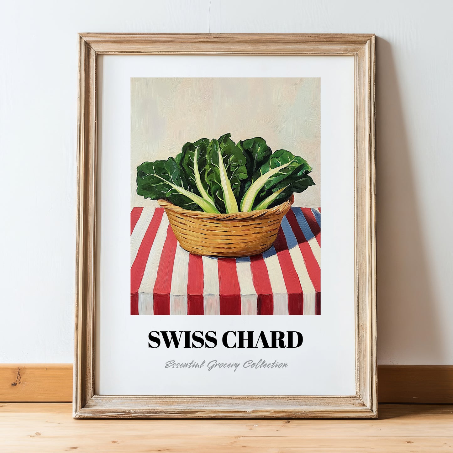 Swiss Chard – on Striped Tablecloth, Vegetable Painting, in wooden frame leaning on the floor