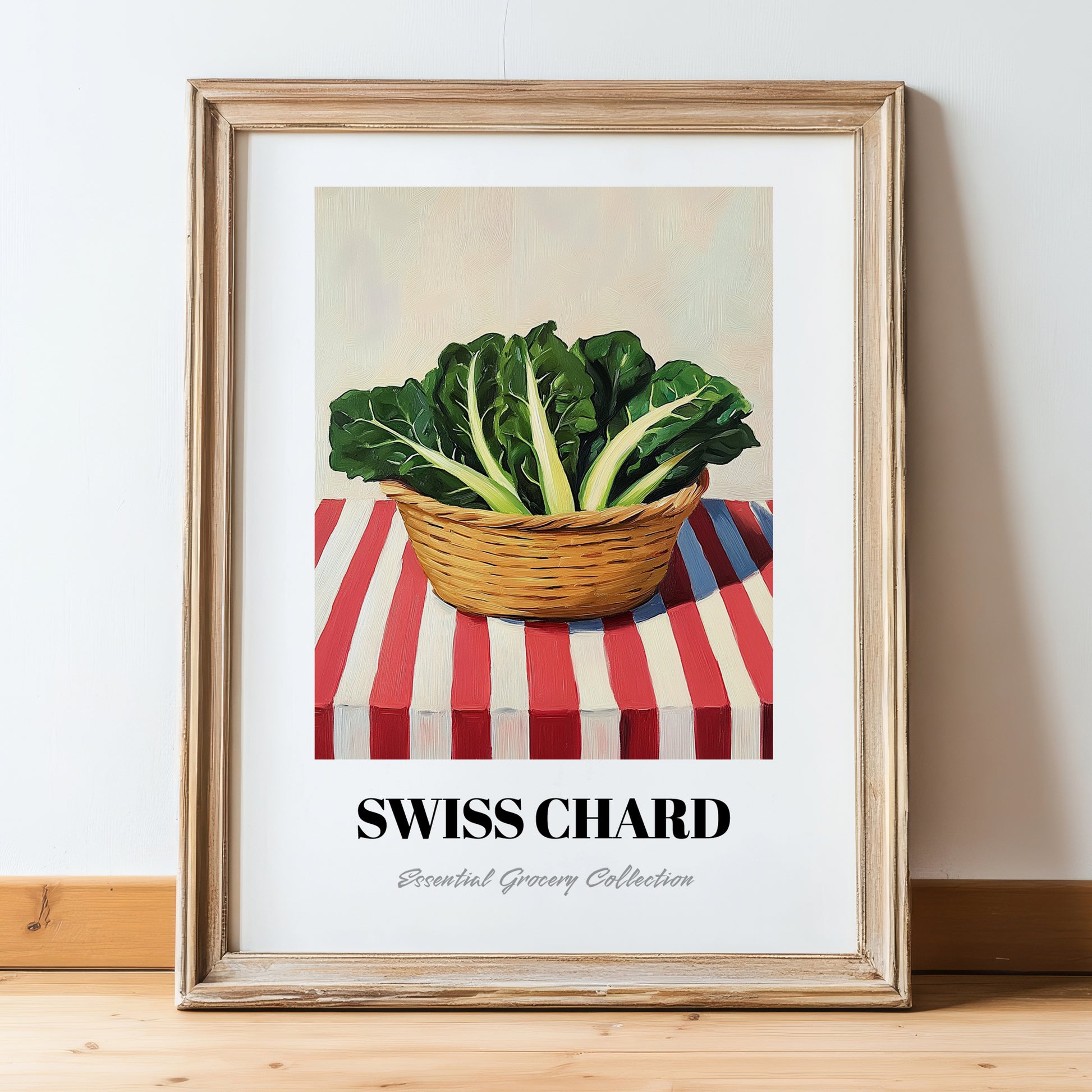 Swiss Chard – on Striped Tablecloth, Vegetable Painting, in wooden frame leaning on the floor