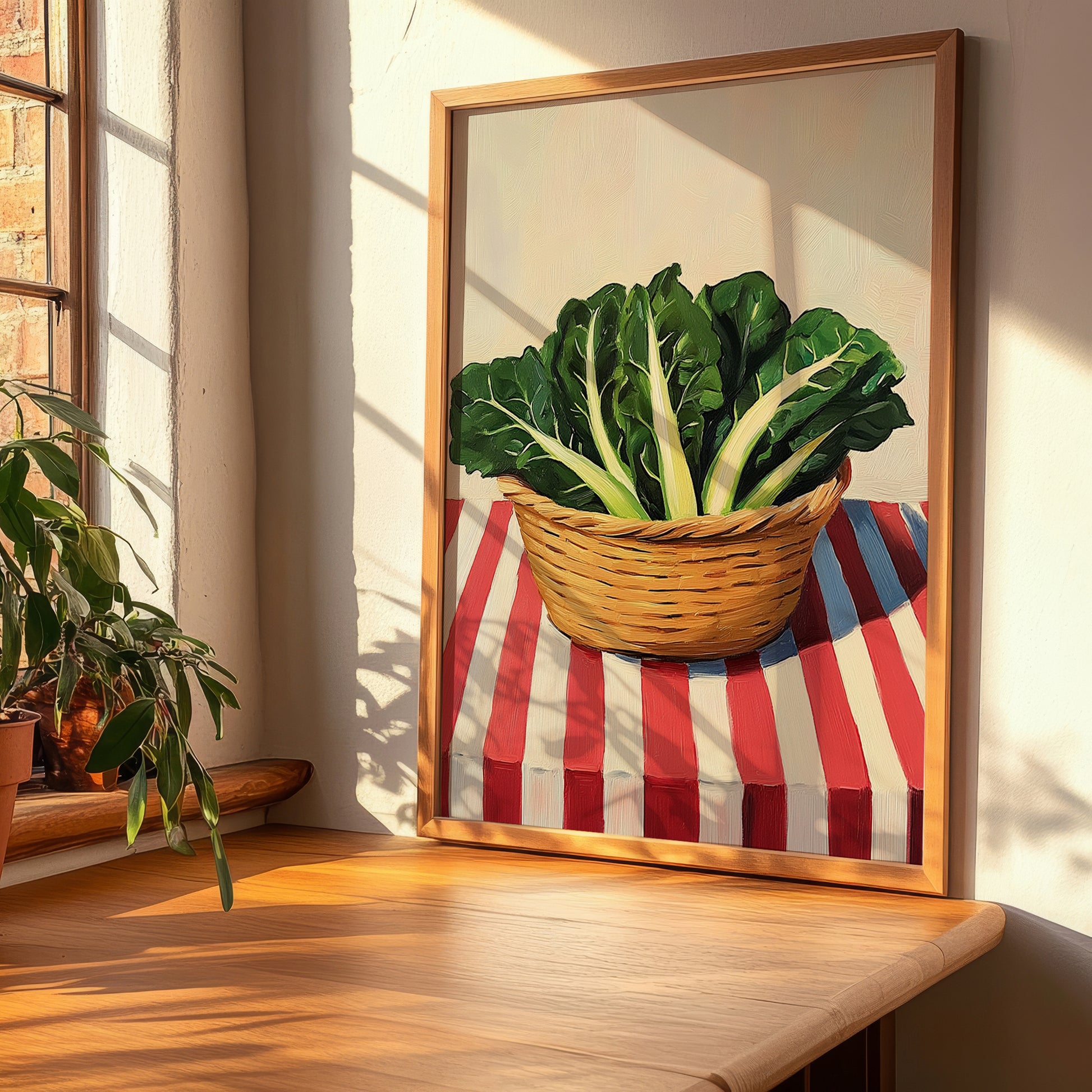 Swiss Chard – on Striped Tablecloth, Vegetable Painting, clean layout with no caption