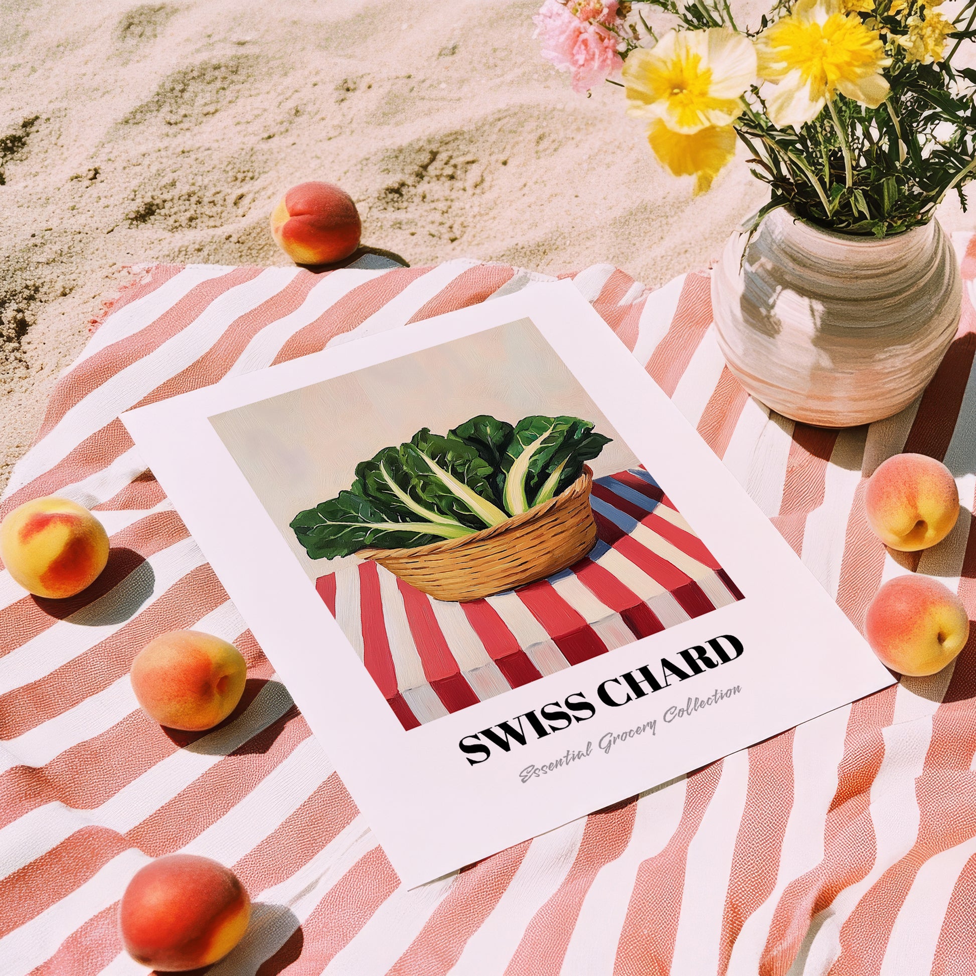 Swiss Chard – on Striped Tablecloth, Vegetable Painting, unframed on coastal sand