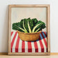 Swiss Chard – on Striped Tablecloth, Vegetable Painting, no-text version framed in wood