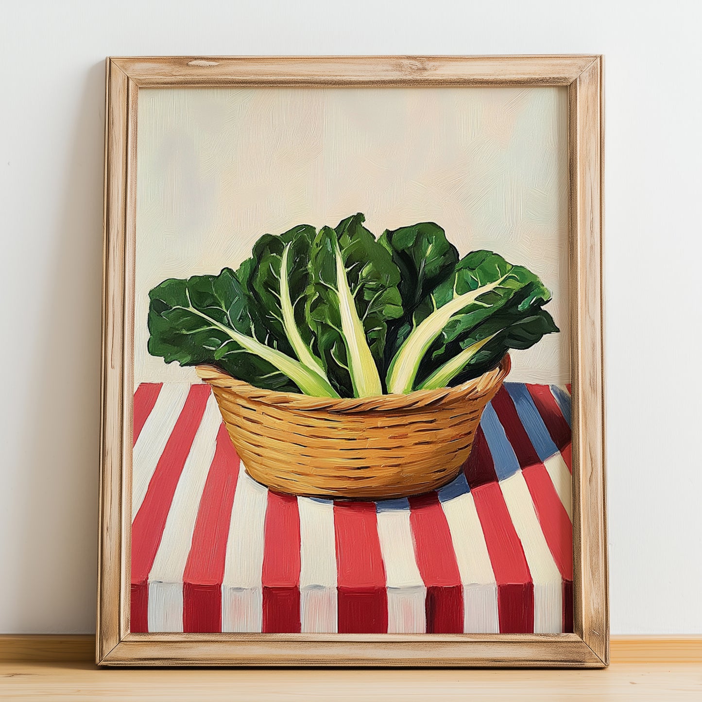 Swiss Chard – on Striped Tablecloth, Vegetable Painting, no-text version framed in wood