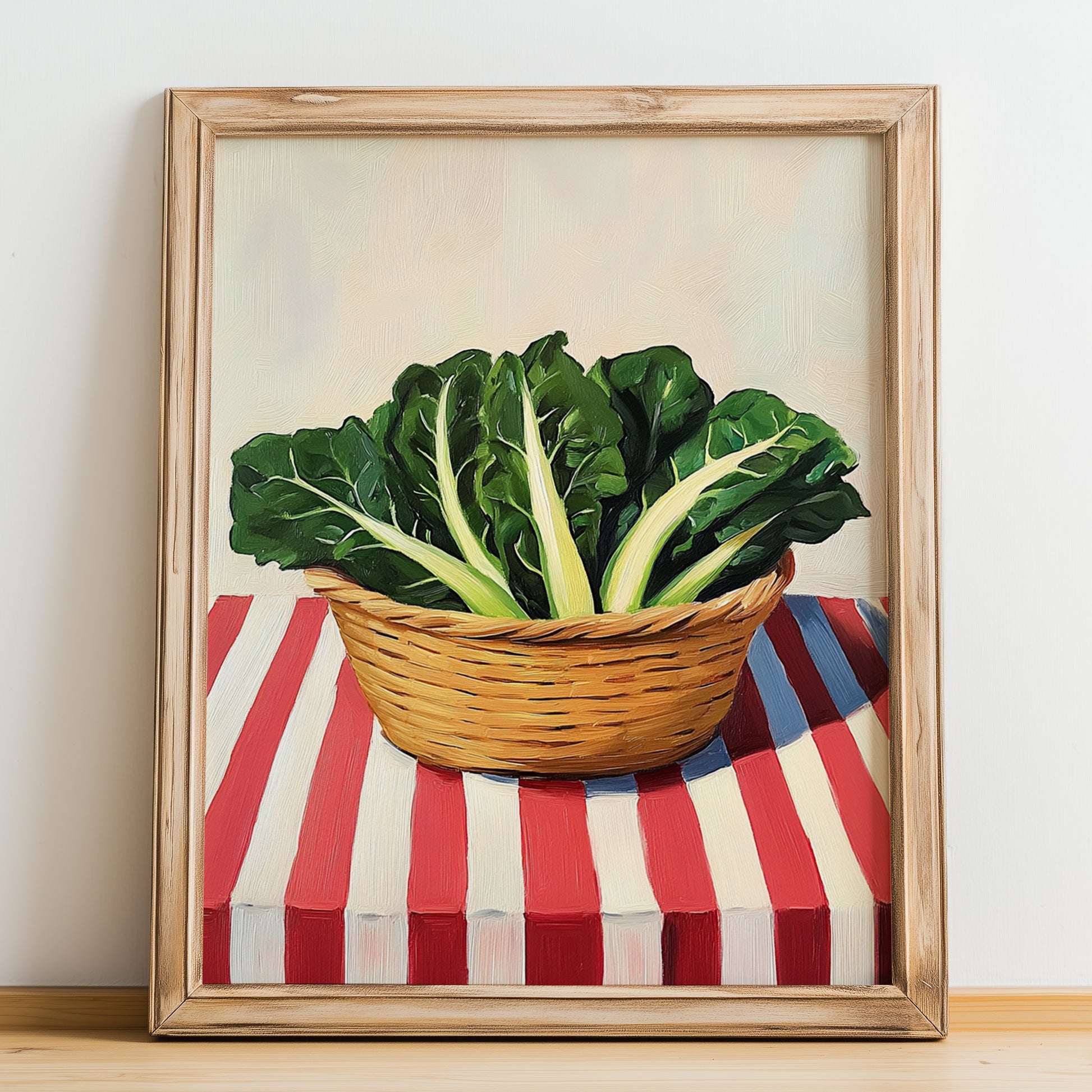 Swiss Chard – on Striped Tablecloth, Vegetable Painting, no-text version framed in wood