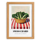 Swiss Chard – on Striped Tablecloth, Vegetable Painting, set in oak frame