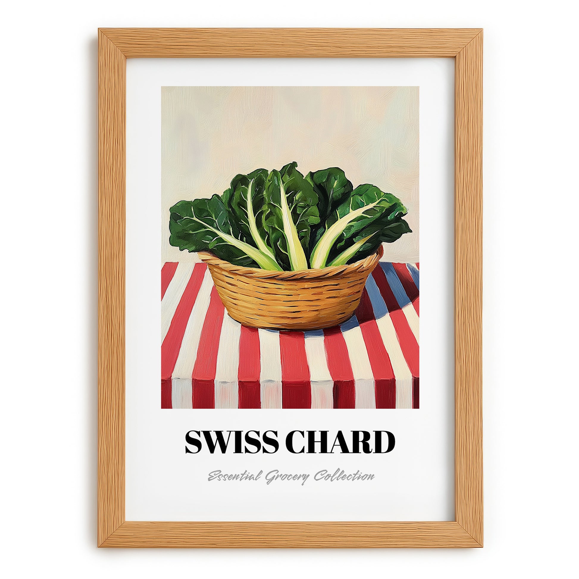 Swiss Chard – on Striped Tablecloth, Vegetable Painting, set in oak frame