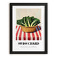 Swiss Chard – on Striped Tablecloth, Vegetable Painting, in sleek black frame