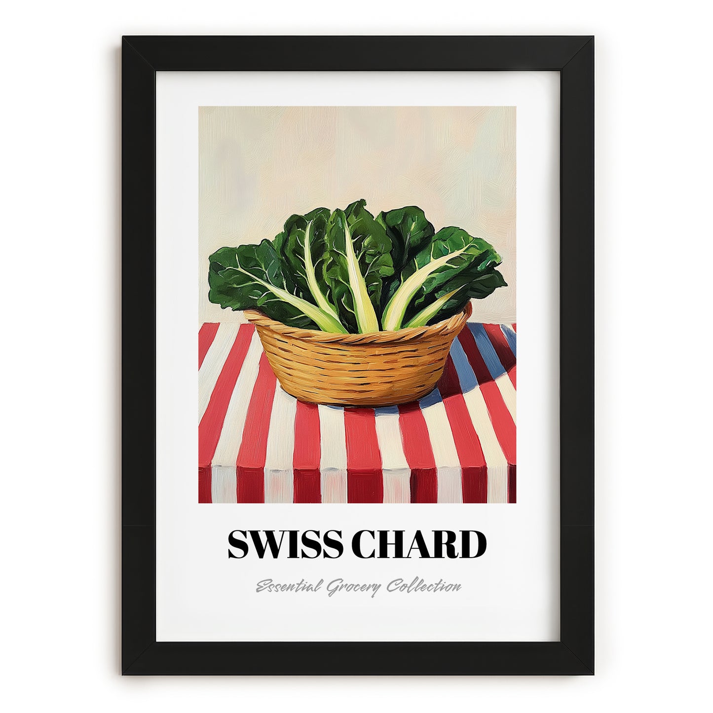 Swiss Chard – on Striped Tablecloth, Vegetable Painting, in sleek black frame