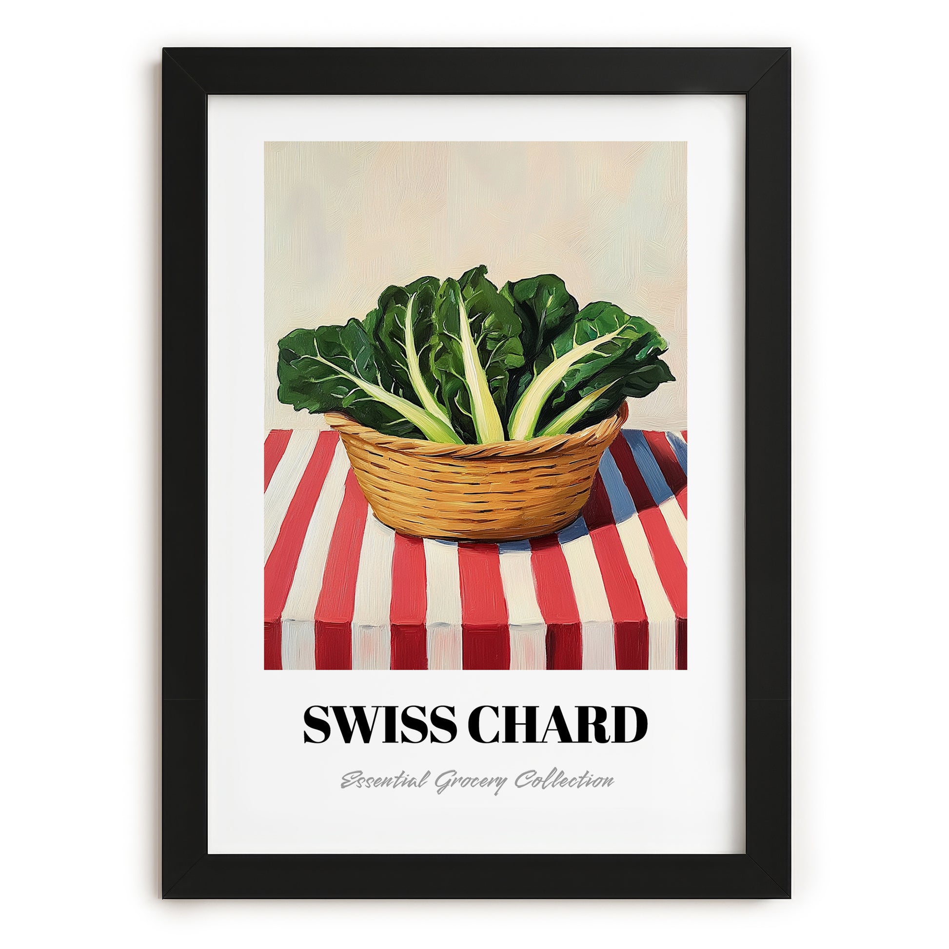 Swiss Chard – on Striped Tablecloth, Vegetable Painting, in sleek black frame