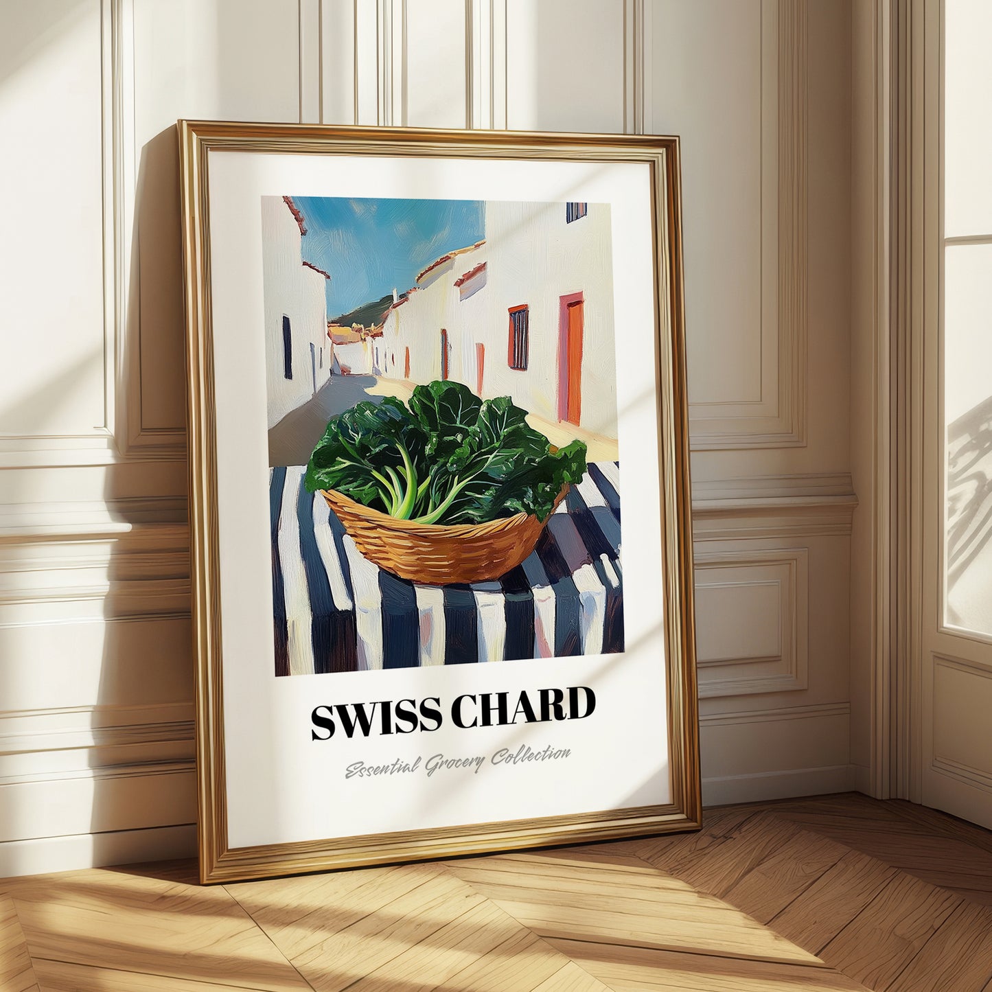 Swiss Chard – White village Outdoor Café Scene, Vegetable Wall Painting