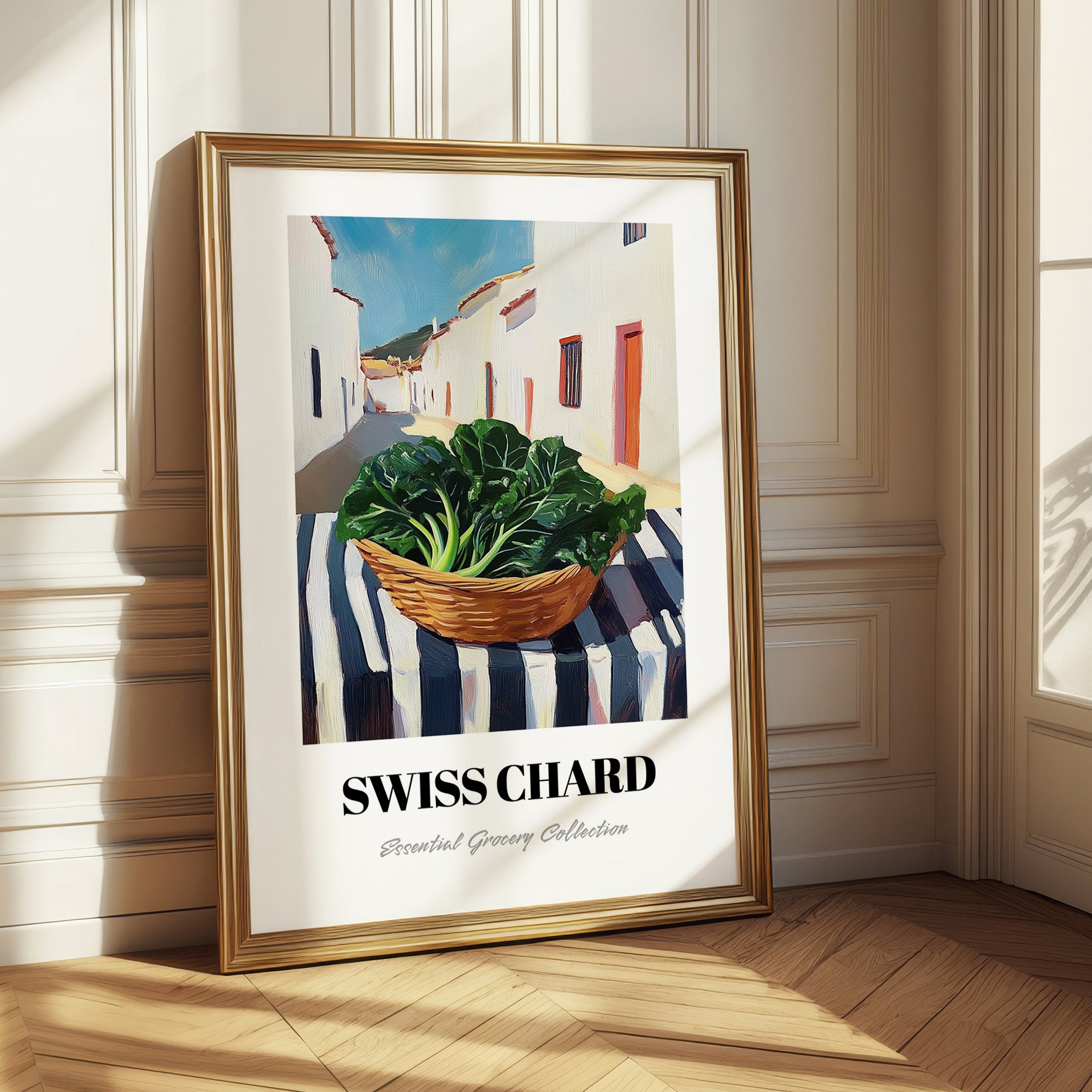 Swiss Chard – White village Outdoor Café Scene, Vegetable Wall Painting