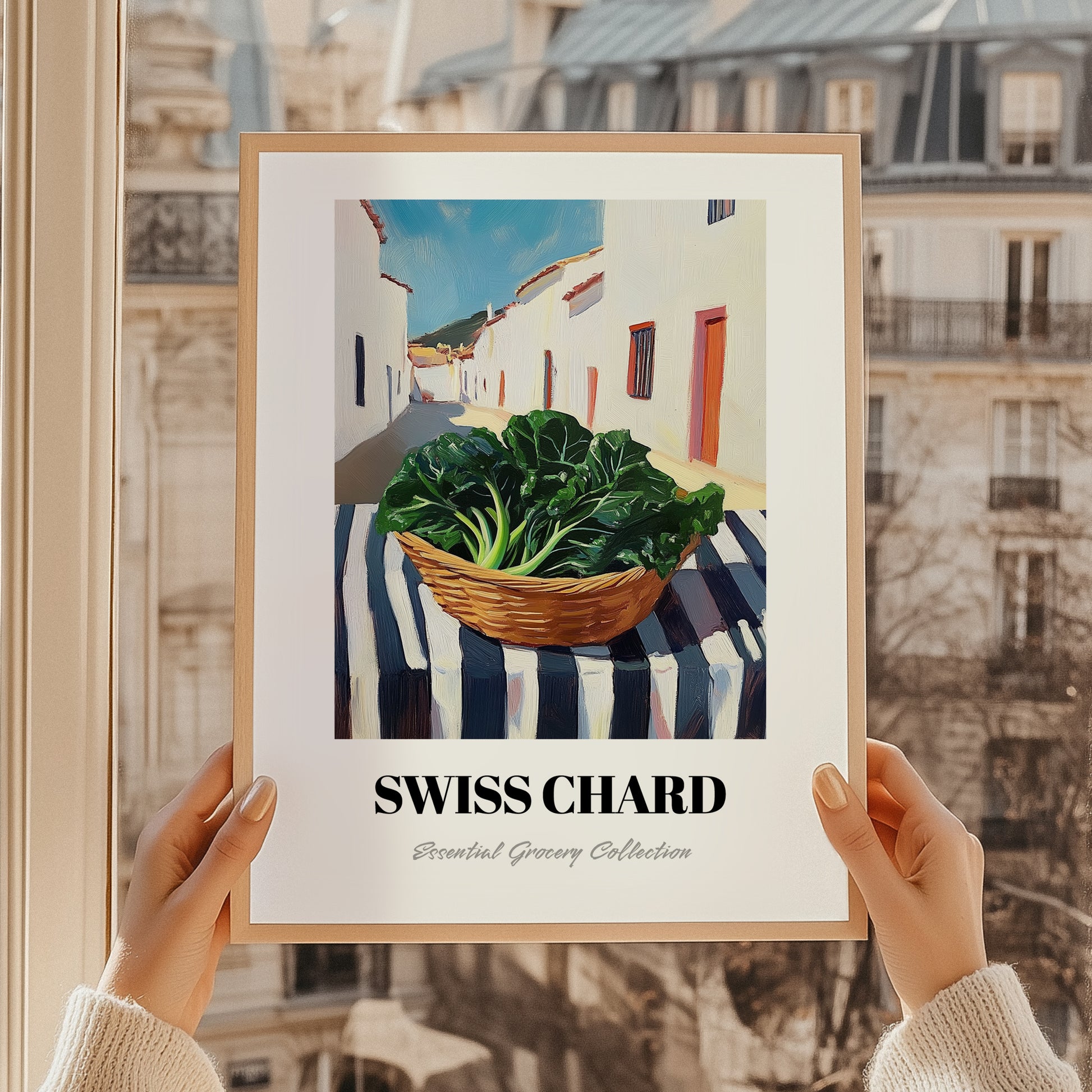 Swiss Chard – White village Outdoor Café Scene, Vegetable Wall Painting, styled in a charming Paris street view