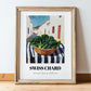 Swiss Chard – White village Outdoor Café Scene, Vegetable Wall Painting, in wooden frame leaning on the floor