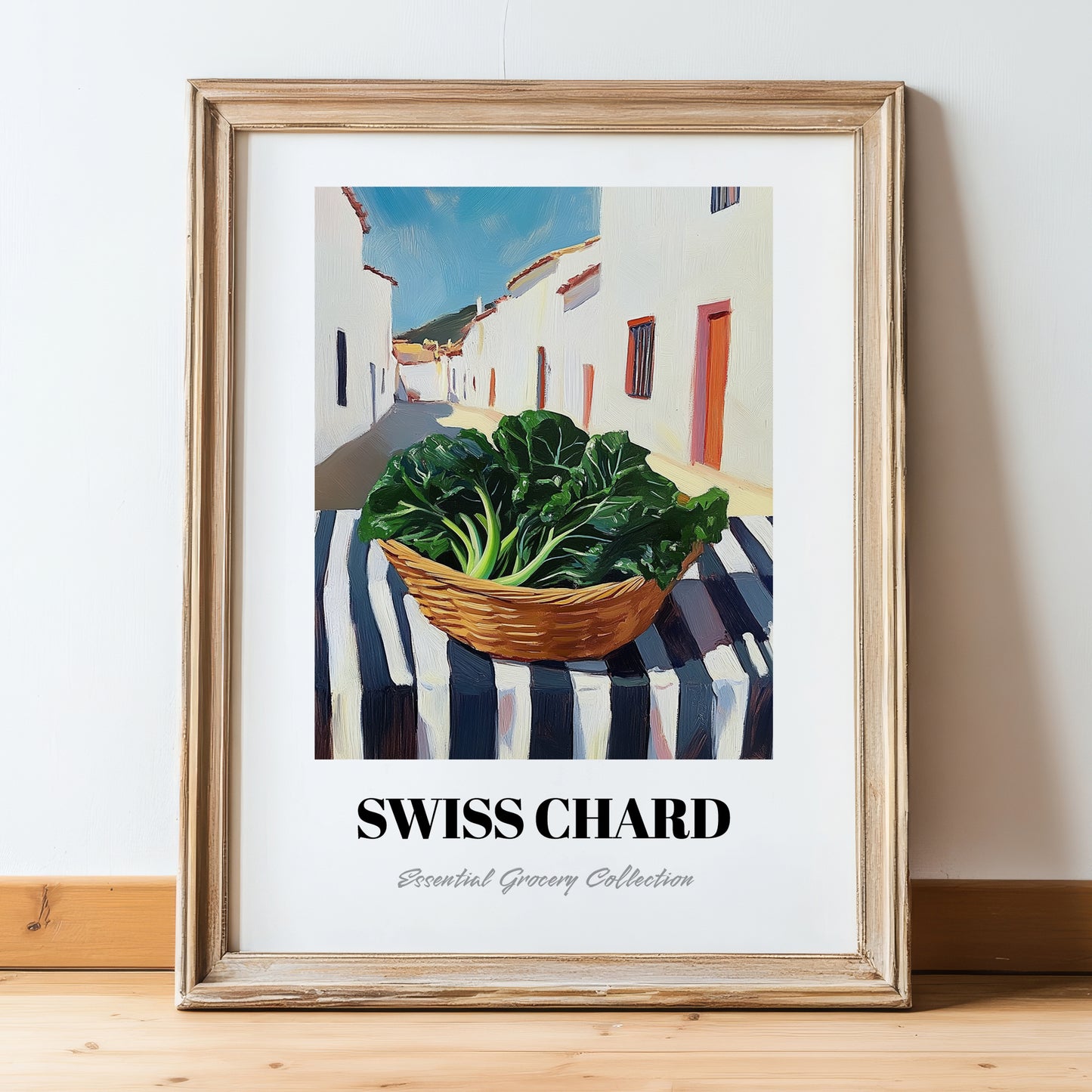 Swiss Chard – White village Outdoor Café Scene, Vegetable Wall Painting, in wooden frame leaning on the floor