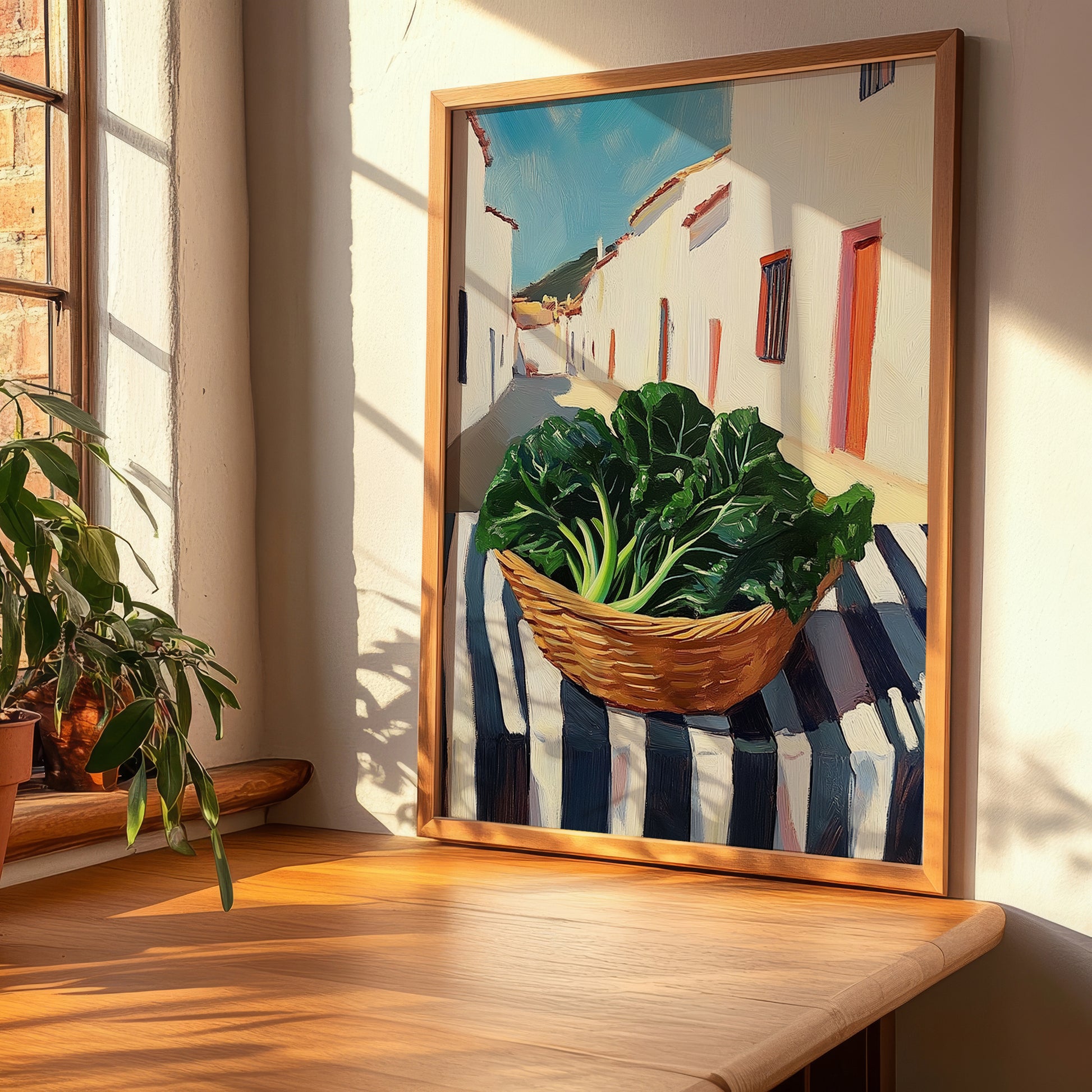 Swiss Chard – White village Outdoor Café Scene, Vegetable Wall Painting, clean layout with no caption