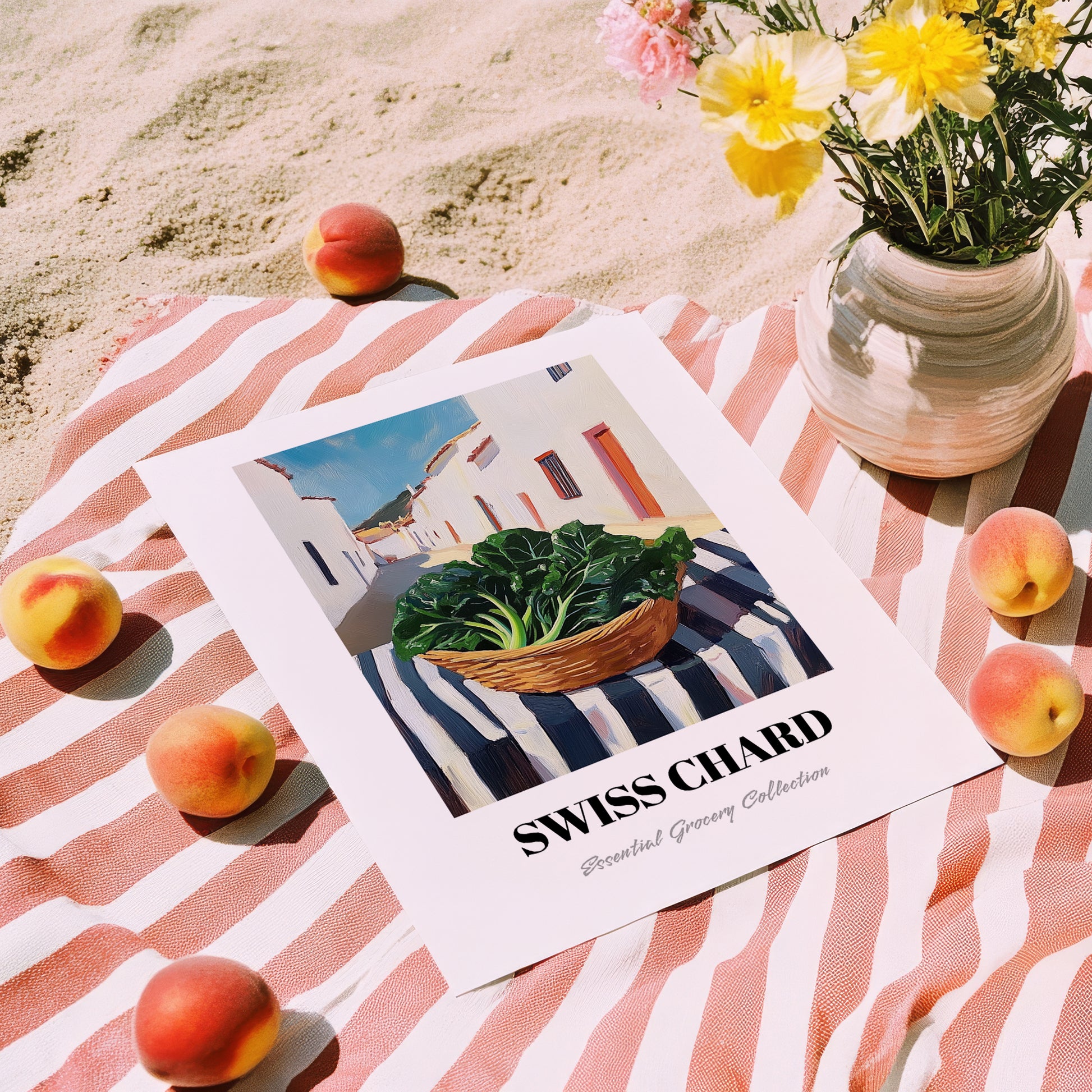 Swiss Chard – White village Outdoor Café Scene, Vegetable Wall Painting, unframed on coastal sand