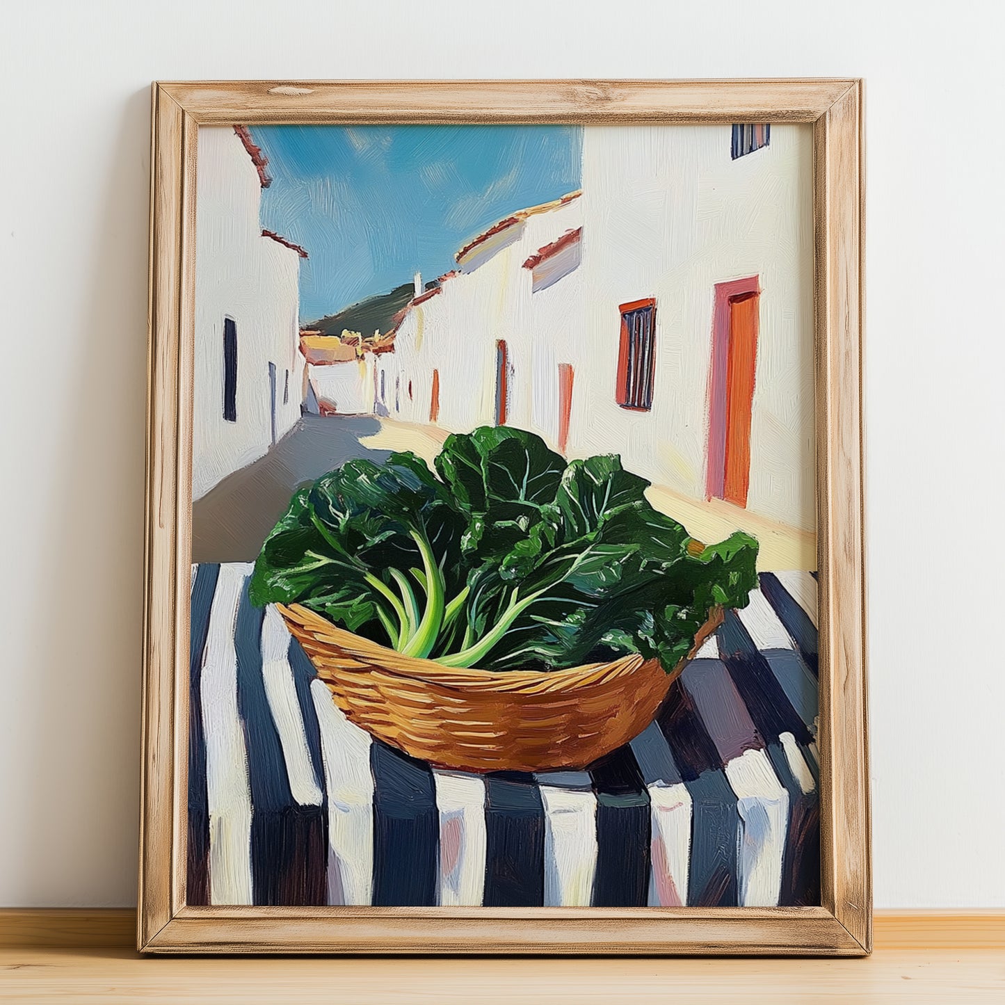 Swiss Chard – White village Outdoor Café Scene, Vegetable Wall Painting, no-text version framed in wood