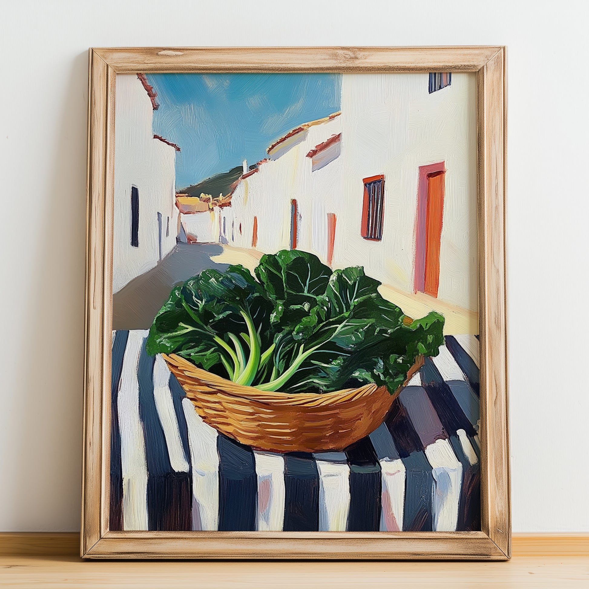Swiss Chard – White village Outdoor Café Scene, Vegetable Wall Painting, no-text version framed in wood