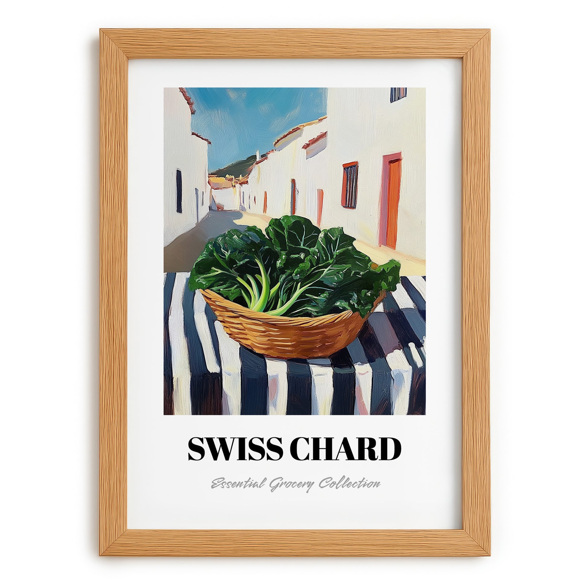 Swiss Chard – White village Outdoor Café Scene, Vegetable Wall Painting, set in oak frame