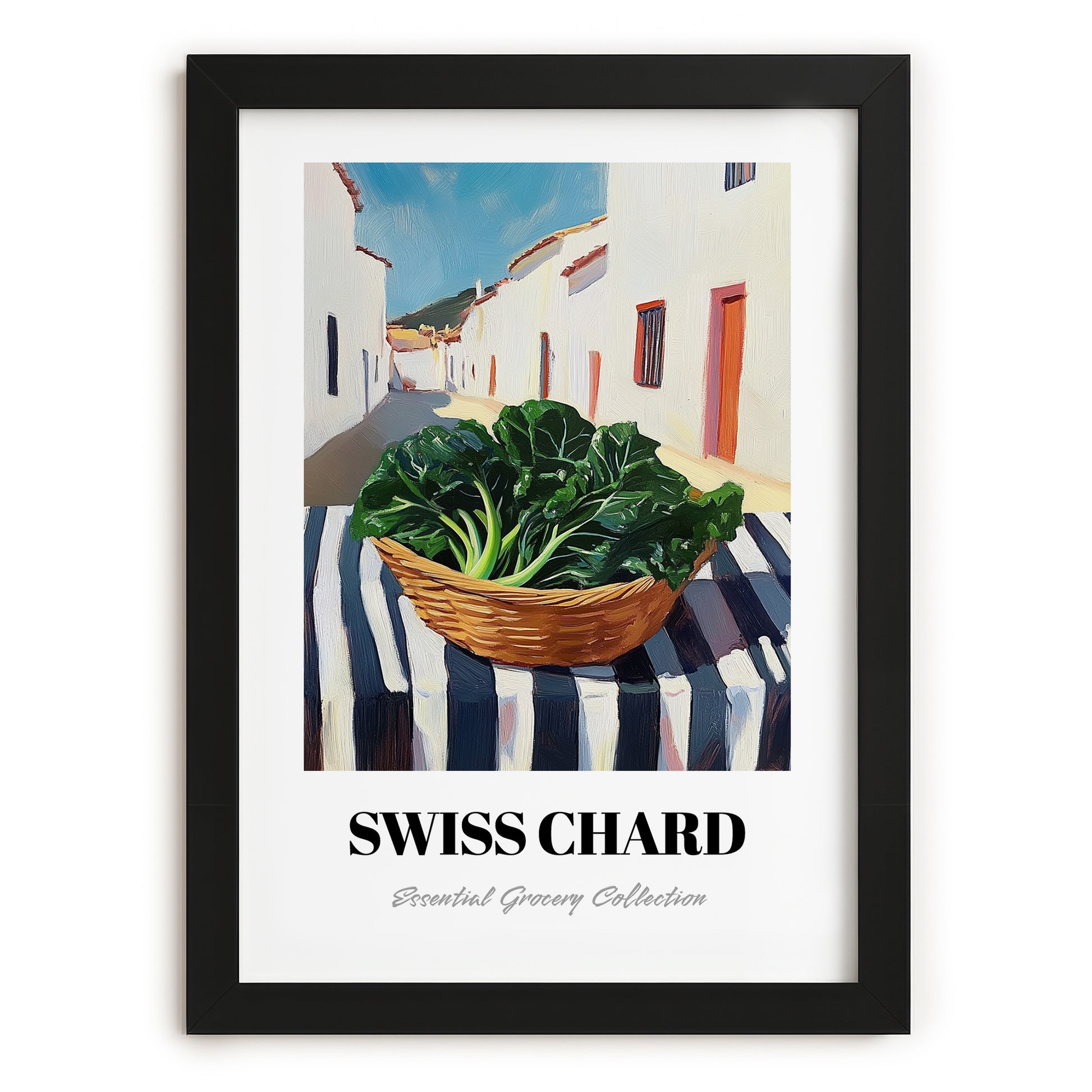 Swiss Chard – White village Outdoor Café Scene, Vegetable Wall Painting, in sleek black frame