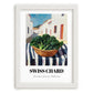 Swiss Chard – White village Outdoor Café Scene, Vegetable Wall Painting, placed in minimal white frame