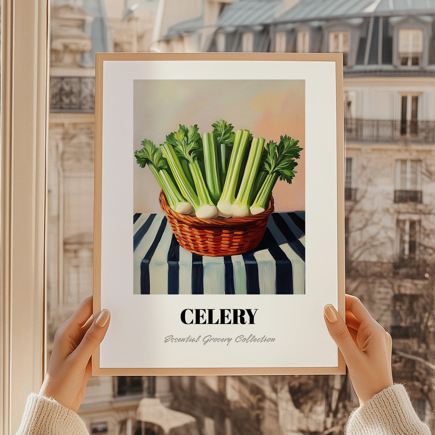 Celery – on Striped Tablecloth, Vegetable Wall Decor, styled in a charming Paris street view