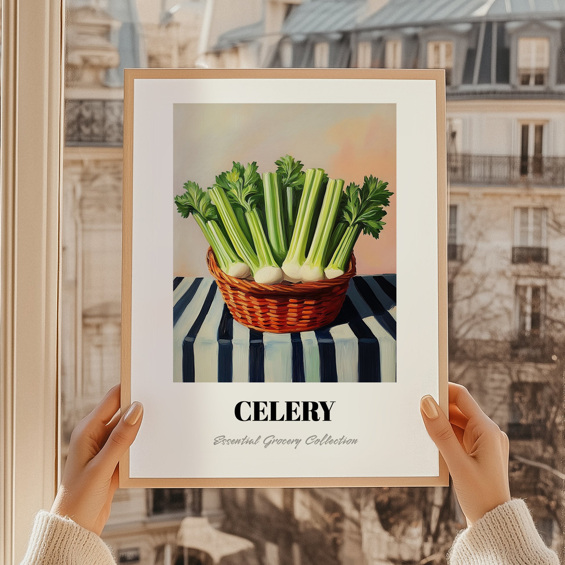 Celery – on Striped Tablecloth, Vegetable Wall Decor, styled in a charming Paris street view