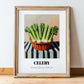 Celery – on Striped Tablecloth, Vegetable Wall Decor, in wooden frame leaning on the floor