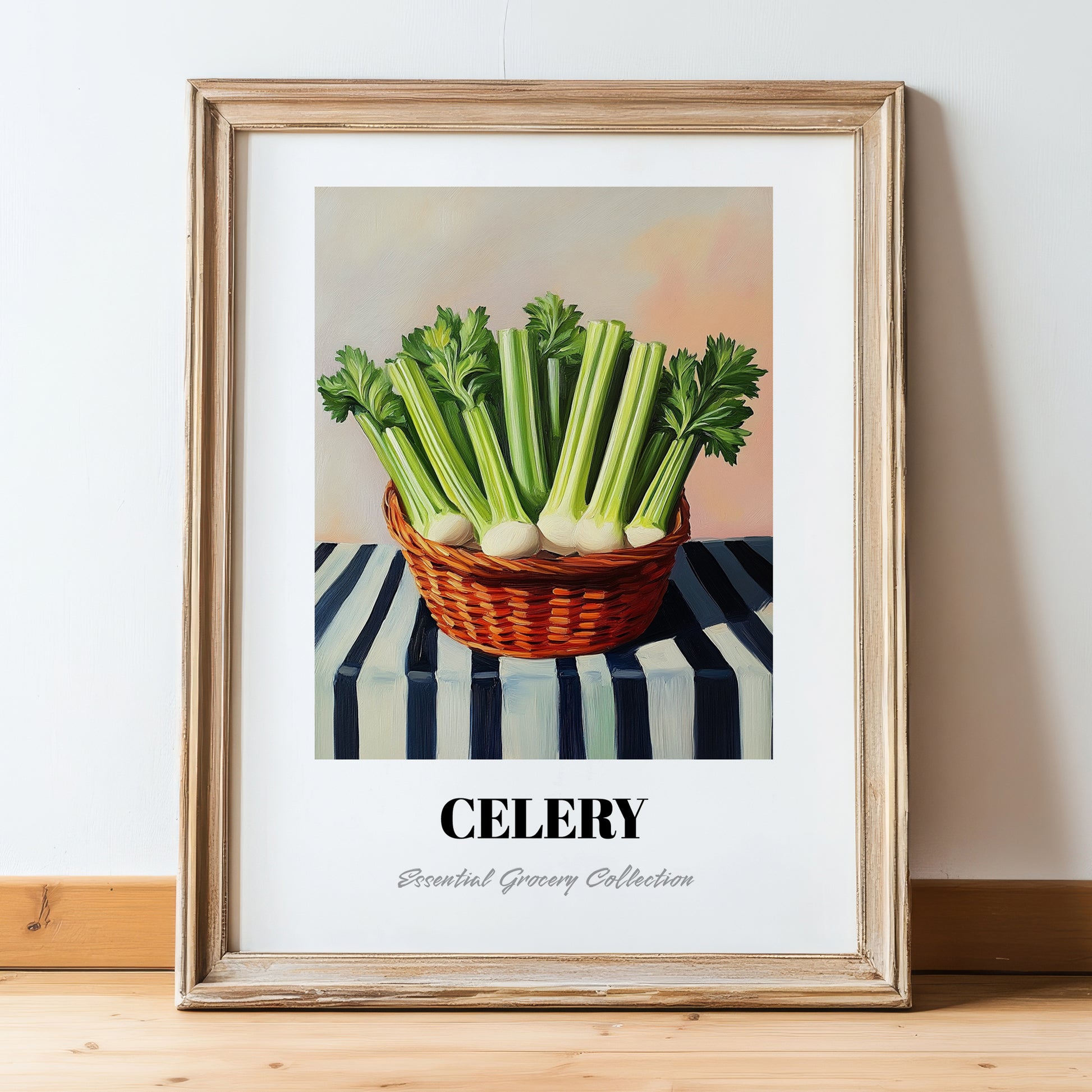 Celery – on Striped Tablecloth, Vegetable Wall Decor, in wooden frame leaning on the floor