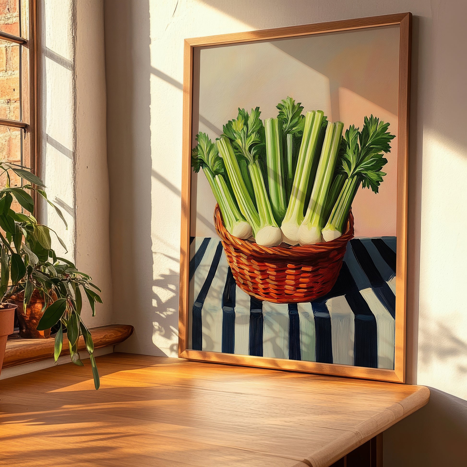 Celery – on Striped Tablecloth, Vegetable Wall Decor, clean layout with no caption