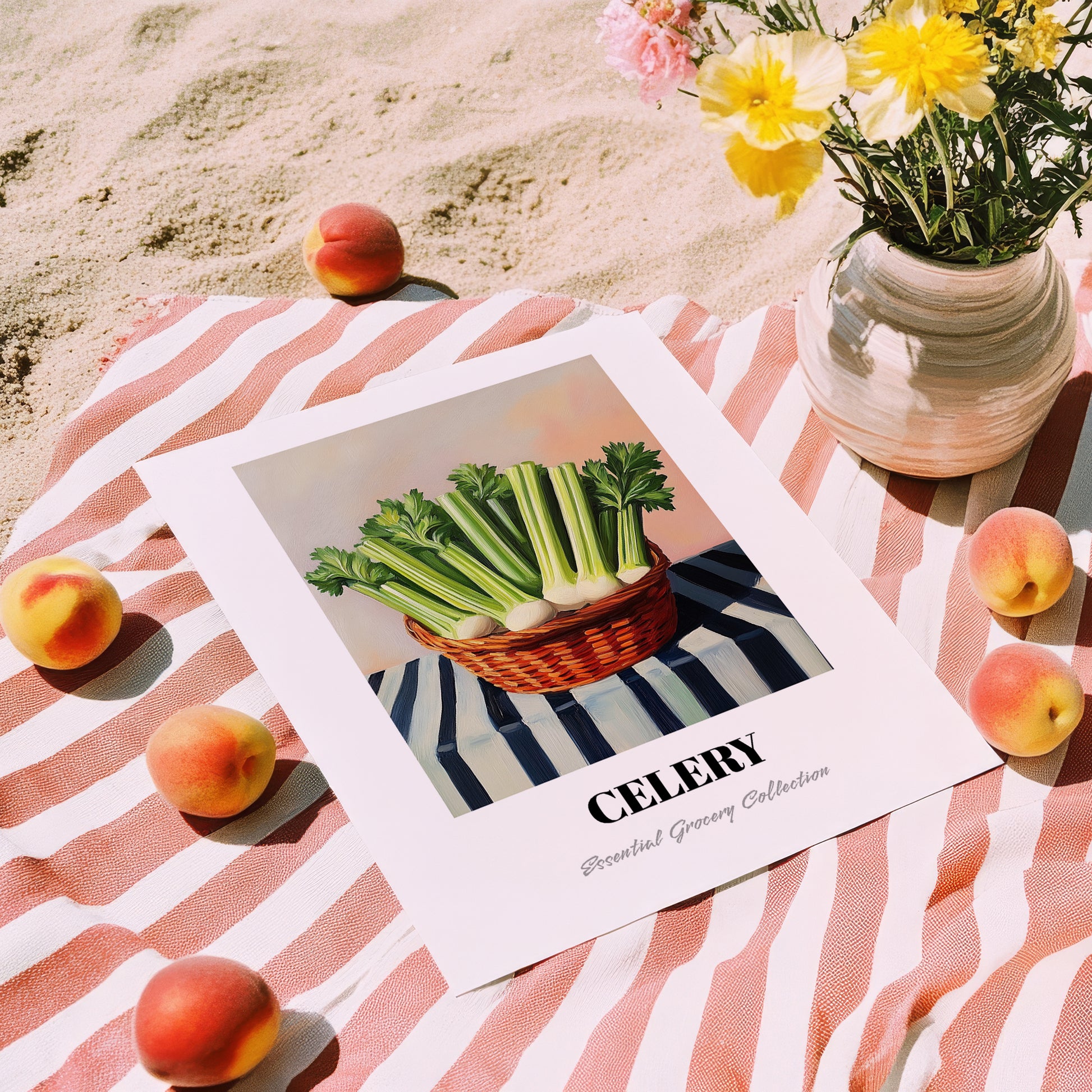 Celery – on Striped Tablecloth, Vegetable Wall Decor, unframed on coastal sand