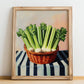 Celery – on Striped Tablecloth, Vegetable Wall Decor, no-text version framed in wood
