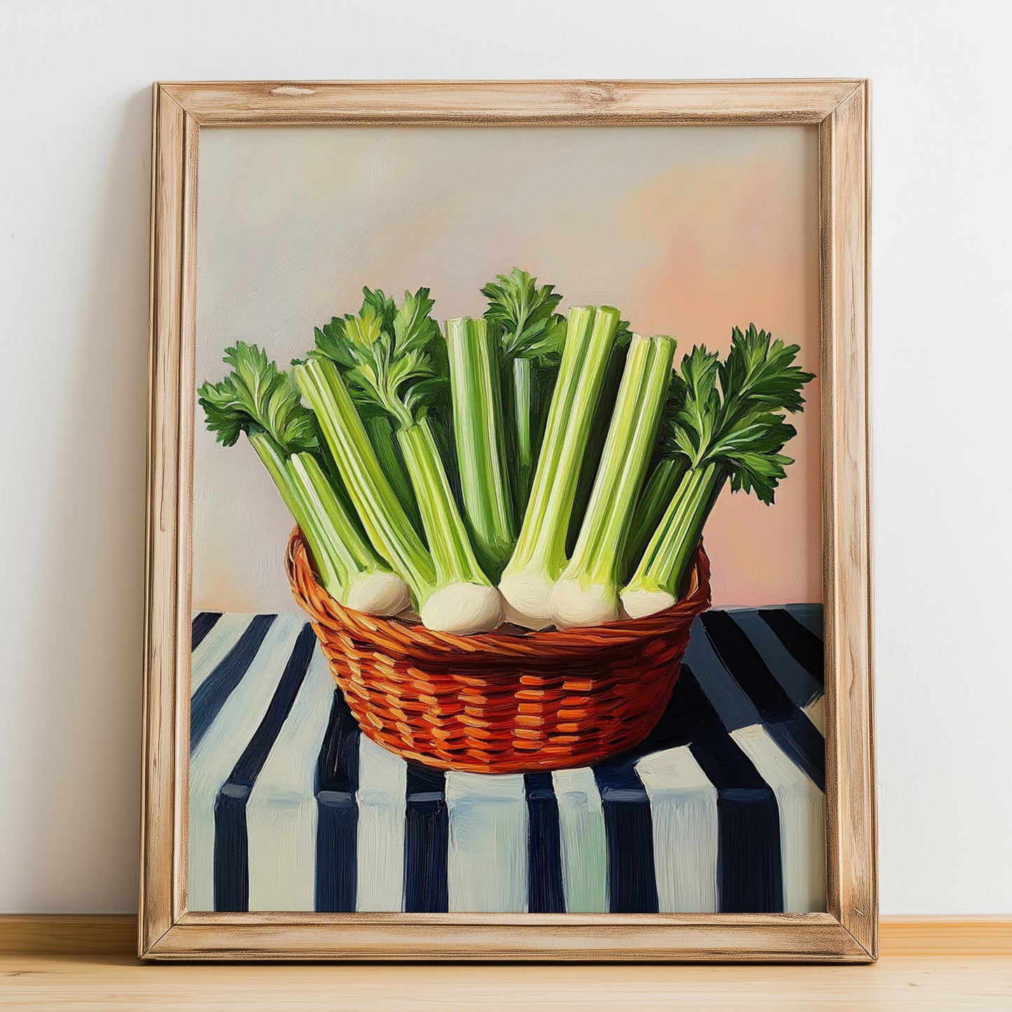 Celery – on Striped Tablecloth, Vegetable Wall Decor, no-text version framed in wood