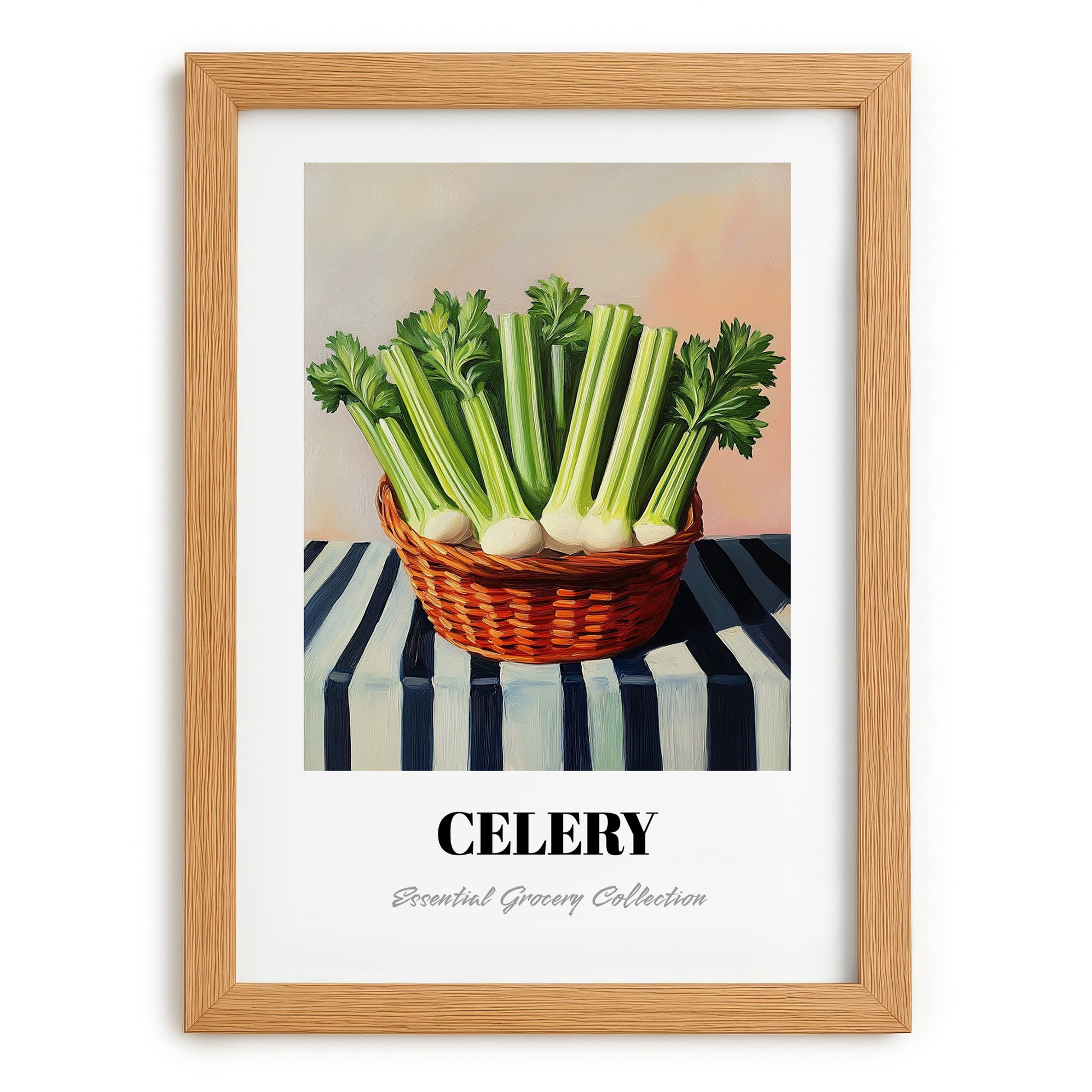 Celery – on Striped Tablecloth, Vegetable Wall Decor, set in oak frame