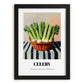 Celery – on Striped Tablecloth, Vegetable Wall Decor, in sleek black frame