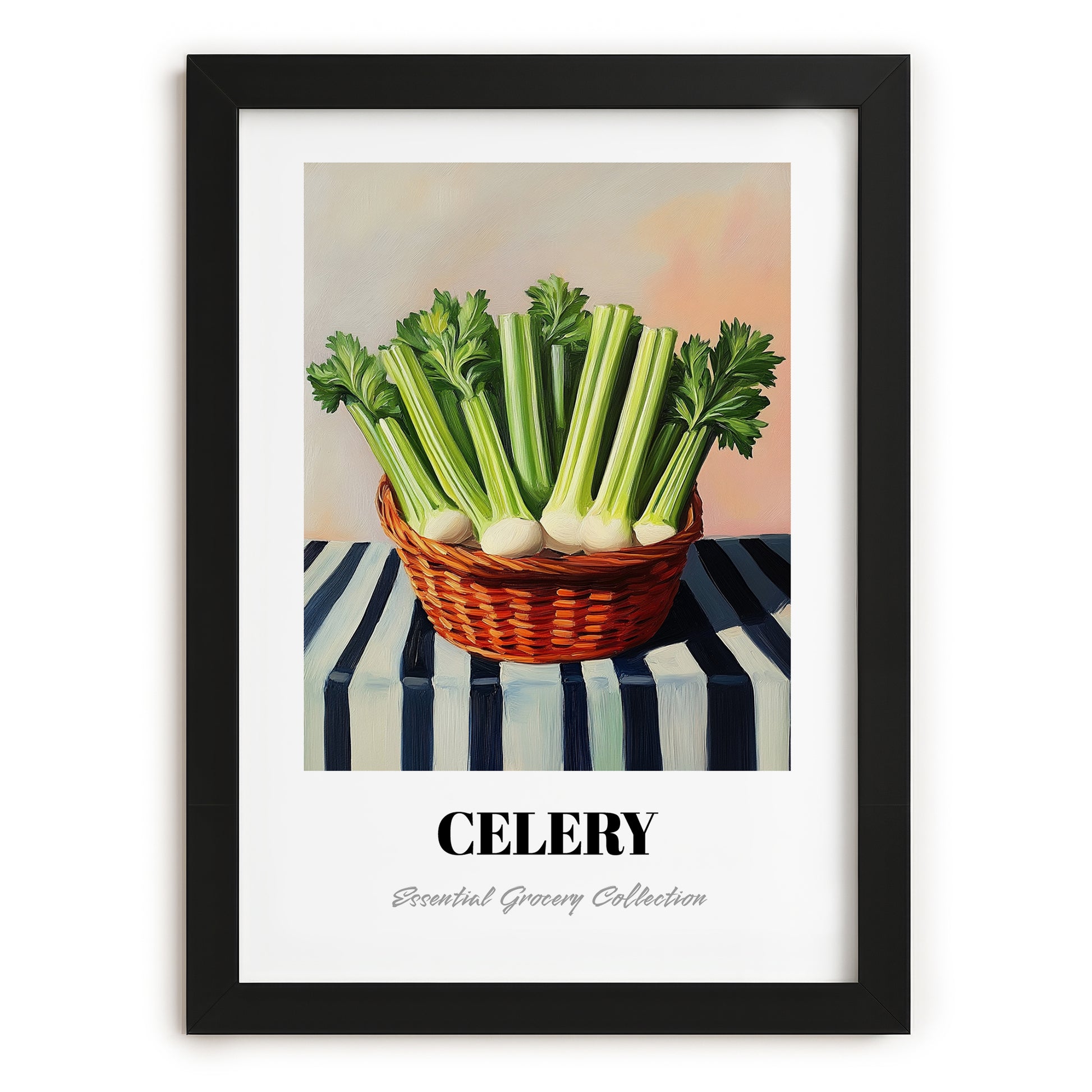 Celery – on Striped Tablecloth, Vegetable Wall Decor, in sleek black frame