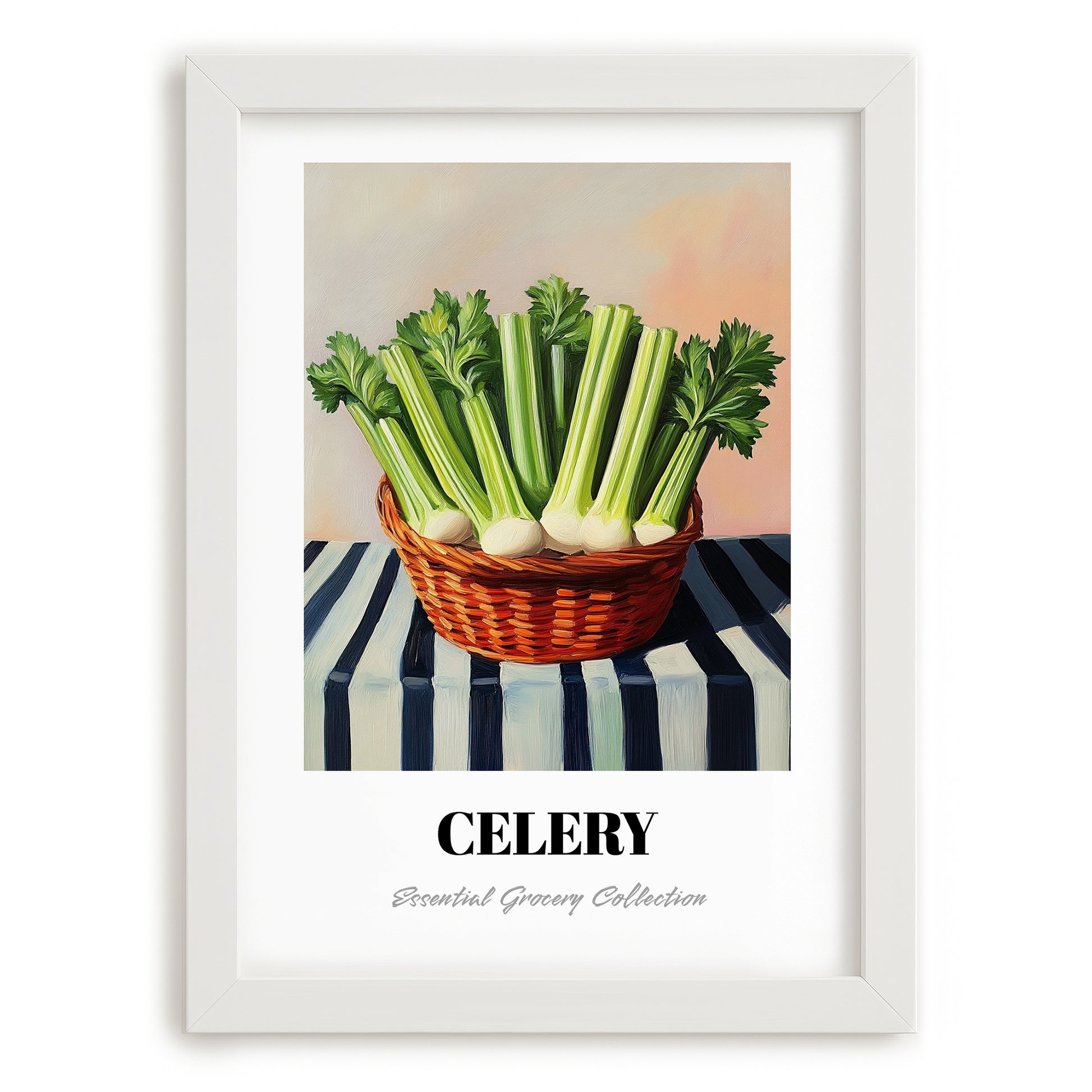 Celery – on Striped Tablecloth, Vegetable Wall Decor, placed in minimal white frame