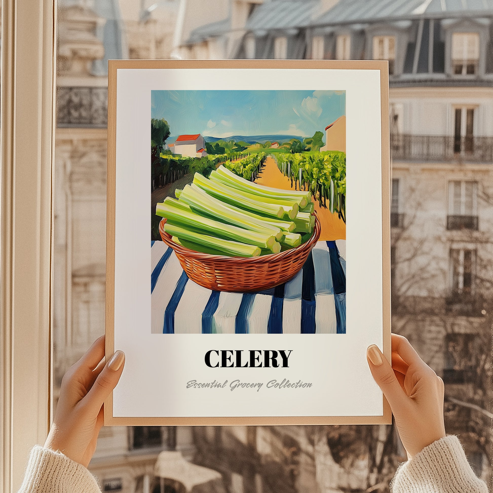 Celery – Green Valley Landscape, Vegetable Wall Decor, styled in a charming Paris street view