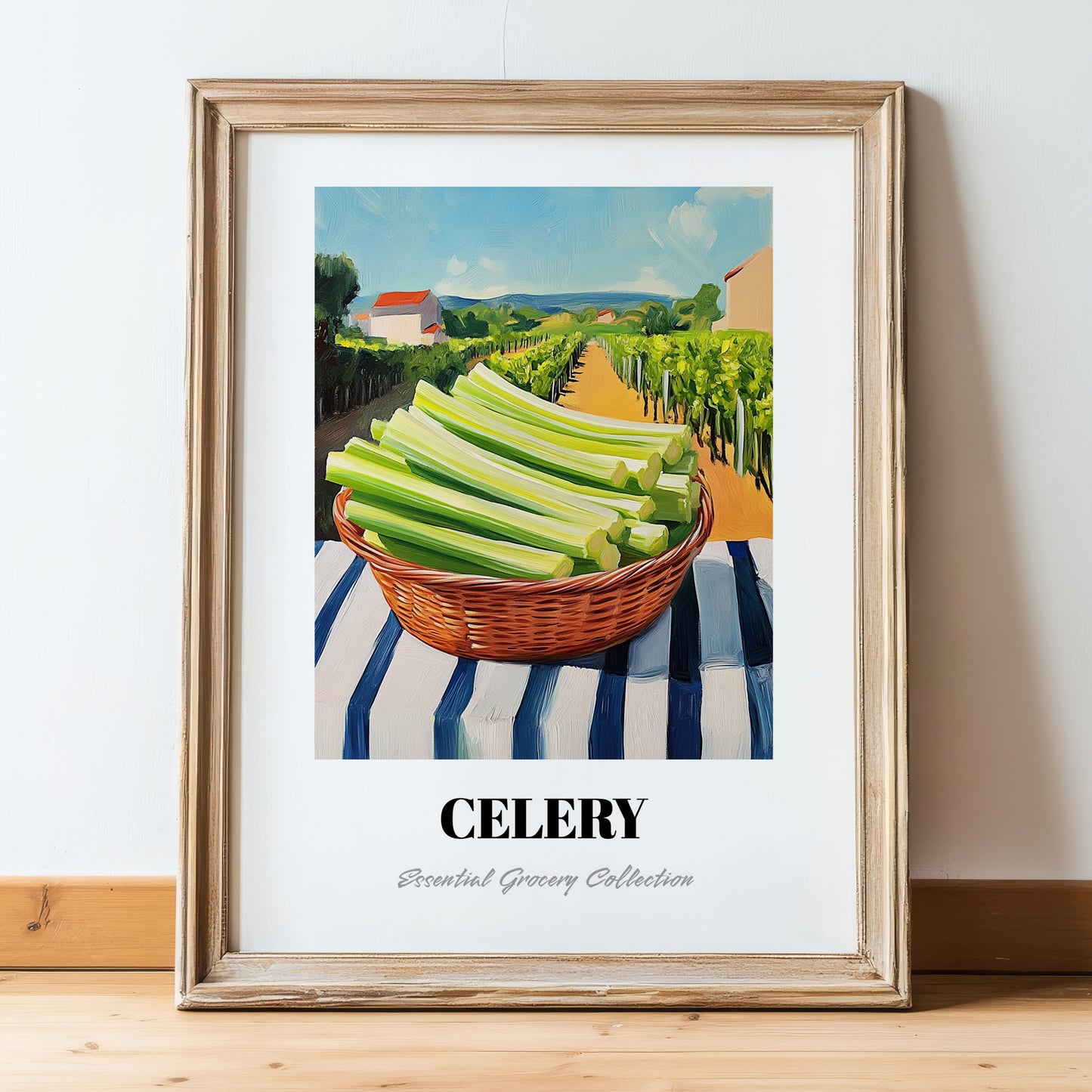 Celery – Green Valley Landscape, Vegetable Wall Decor, in wooden frame leaning on the floor