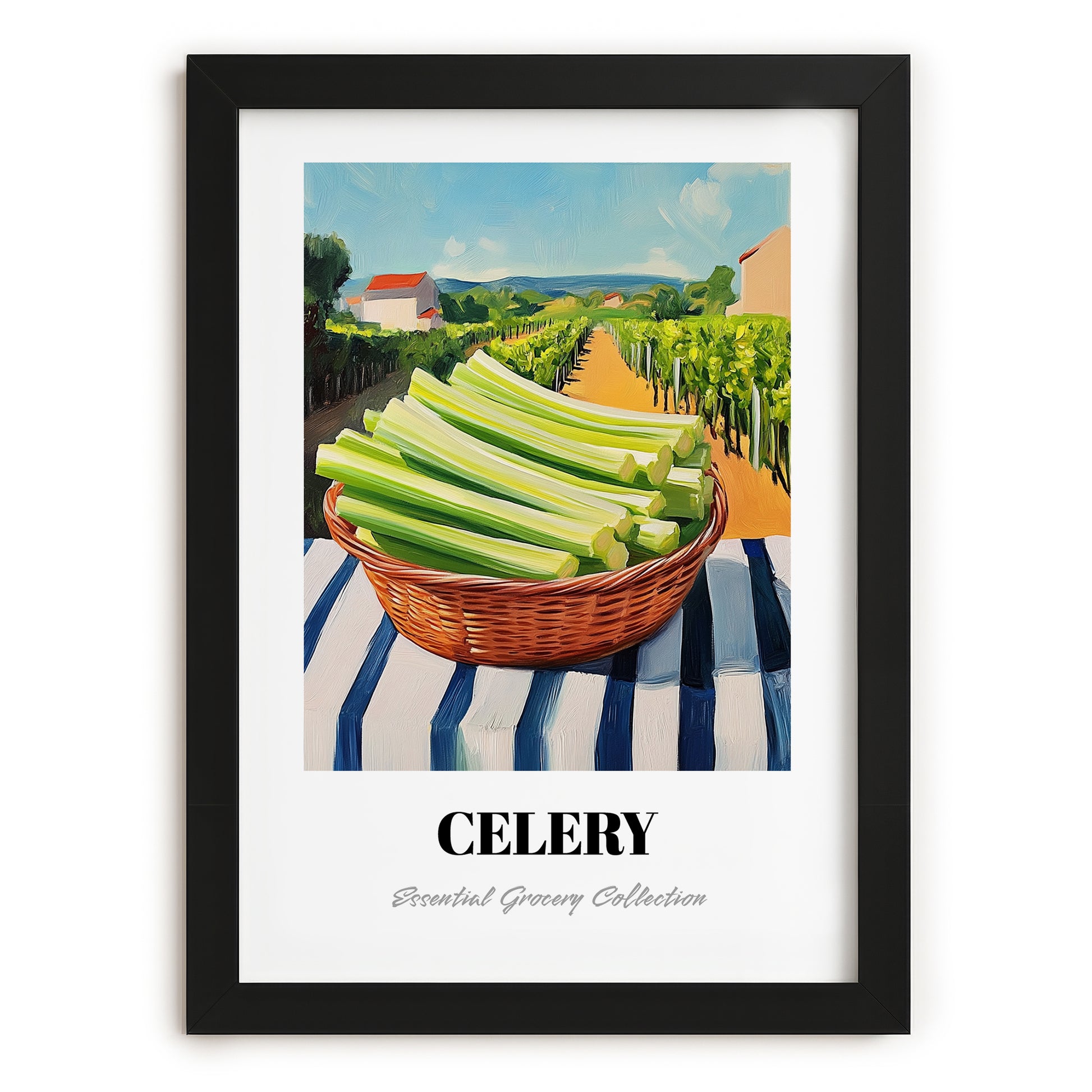 Celery – Green Valley Landscape, Vegetable Wall Decor, in sleek black frame