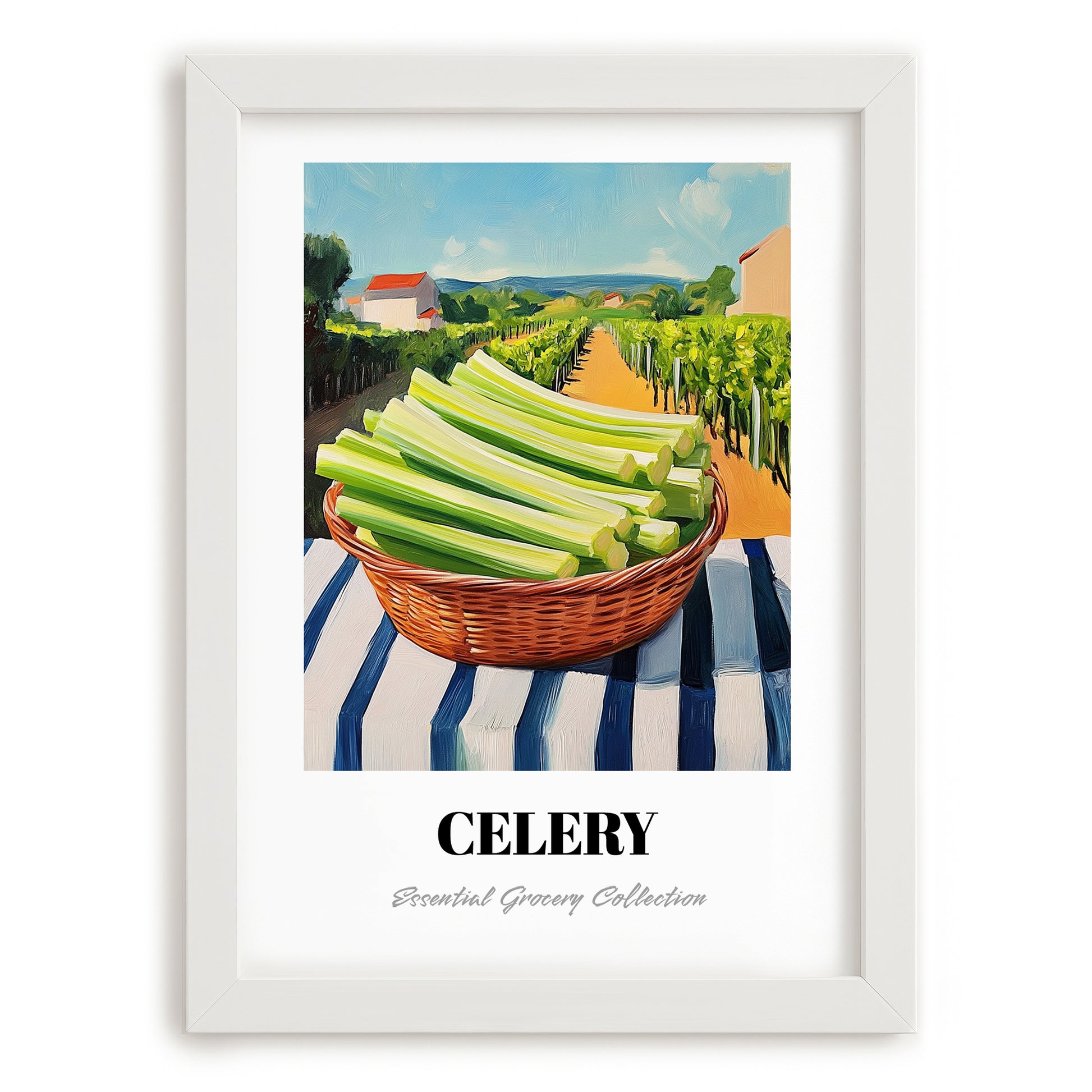 Celery – Green Valley Landscape, Vegetable Wall Decor, placed in minimal white frame