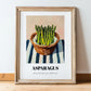 Asparagus – on Striped Tablecloth, Vegetable Painting, in wooden frame leaning on the floor