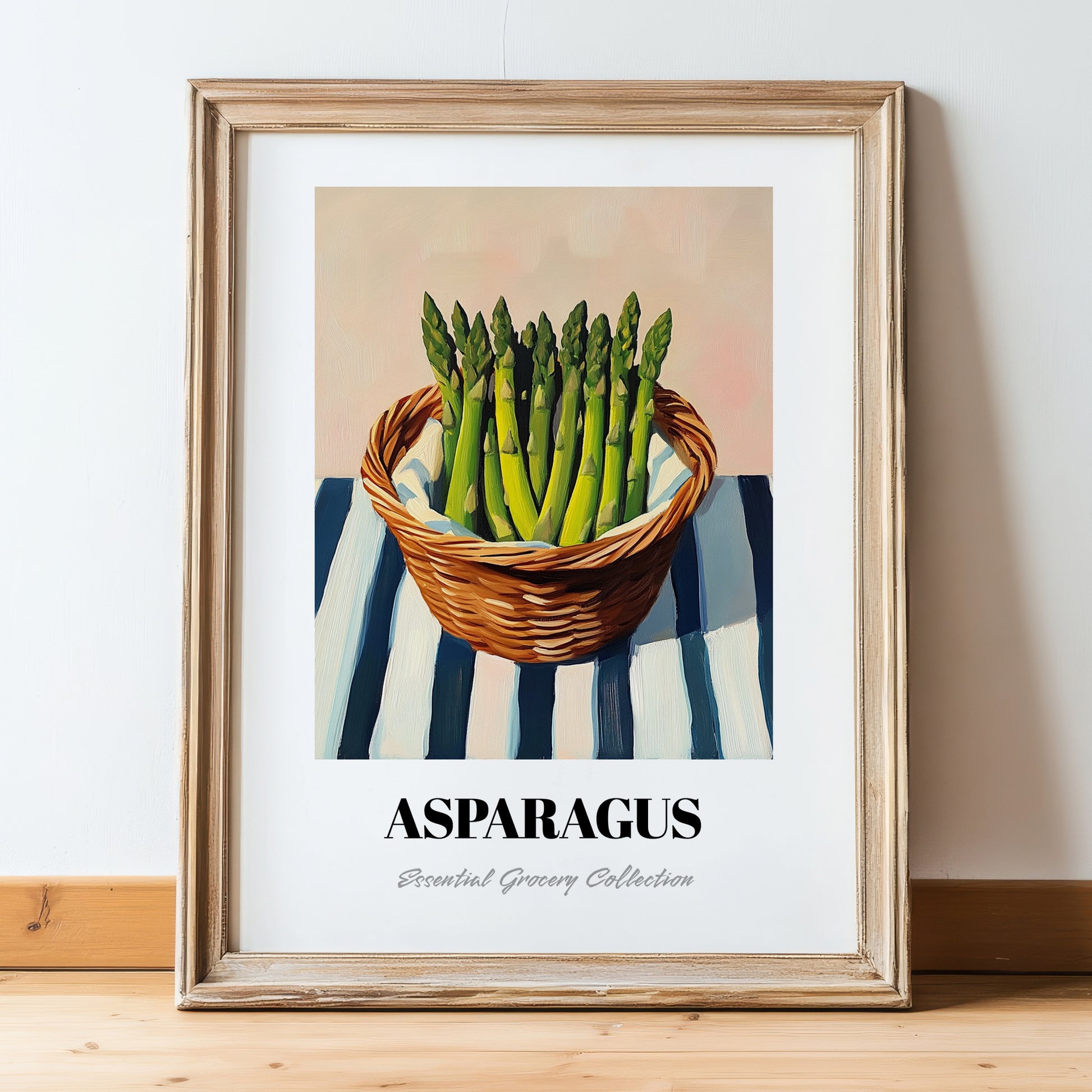 Asparagus – on Striped Tablecloth, Vegetable Painting, in wooden frame leaning on the floor