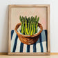 Asparagus – on Striped Tablecloth, Vegetable Painting, no-text version framed in wood