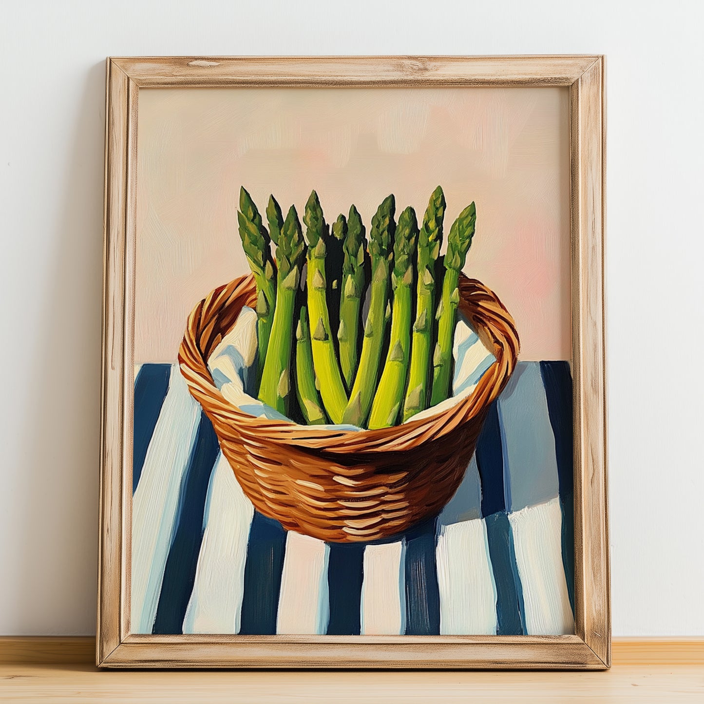 Asparagus – on Striped Tablecloth, Vegetable Painting, no-text version framed in wood