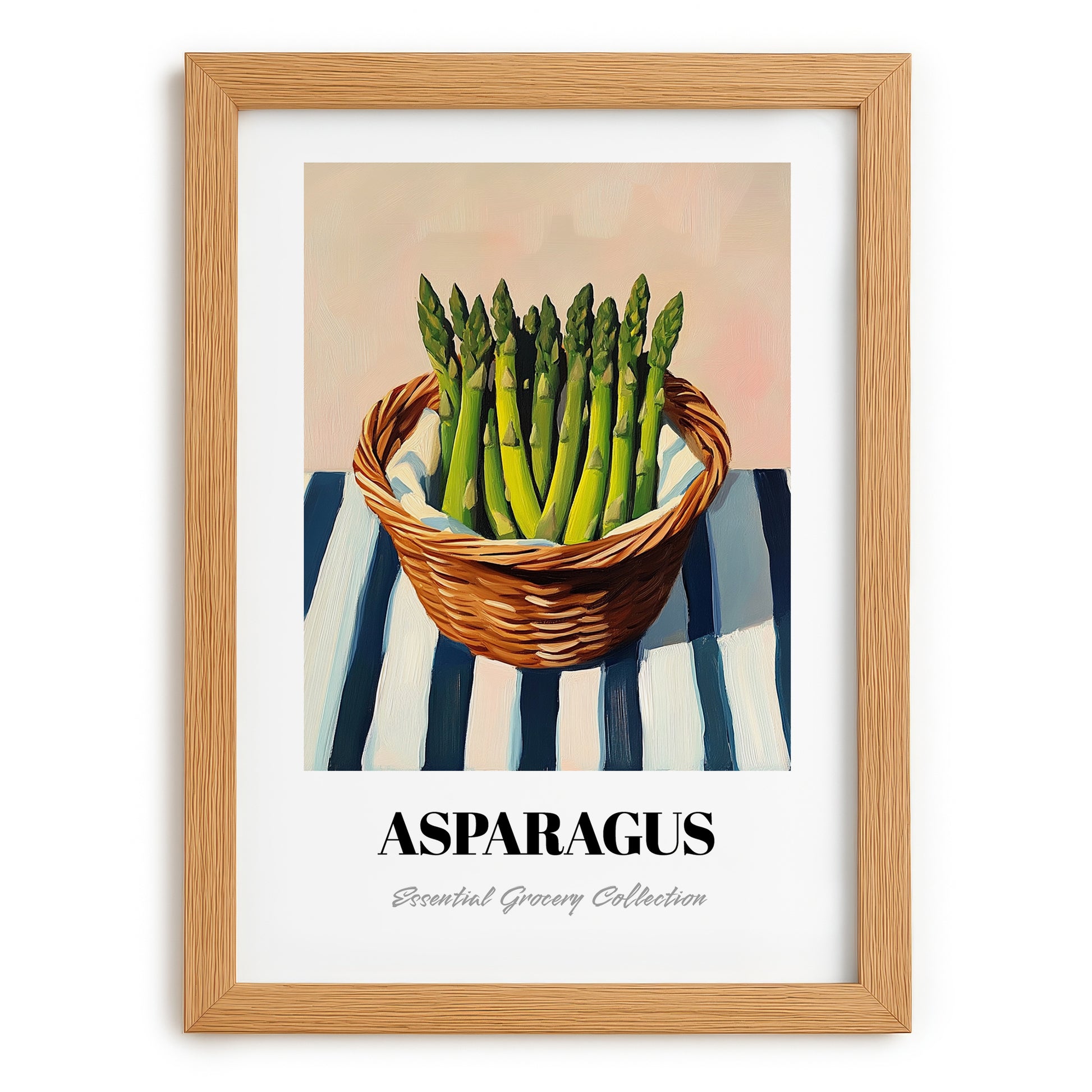 Asparagus – on Striped Tablecloth, Vegetable Painting, set in oak frame