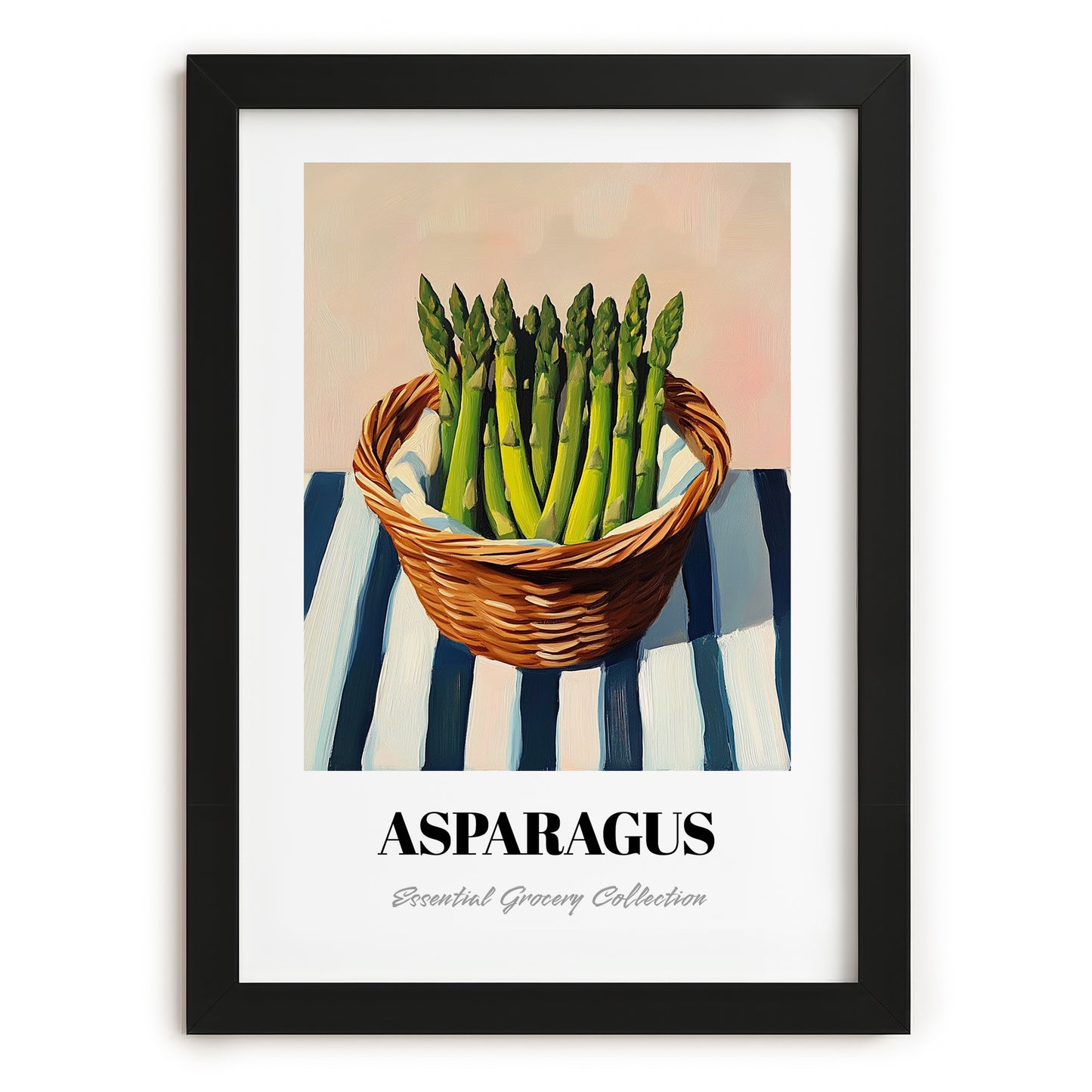 Asparagus – on Striped Tablecloth, Vegetable Painting, in sleek black frame