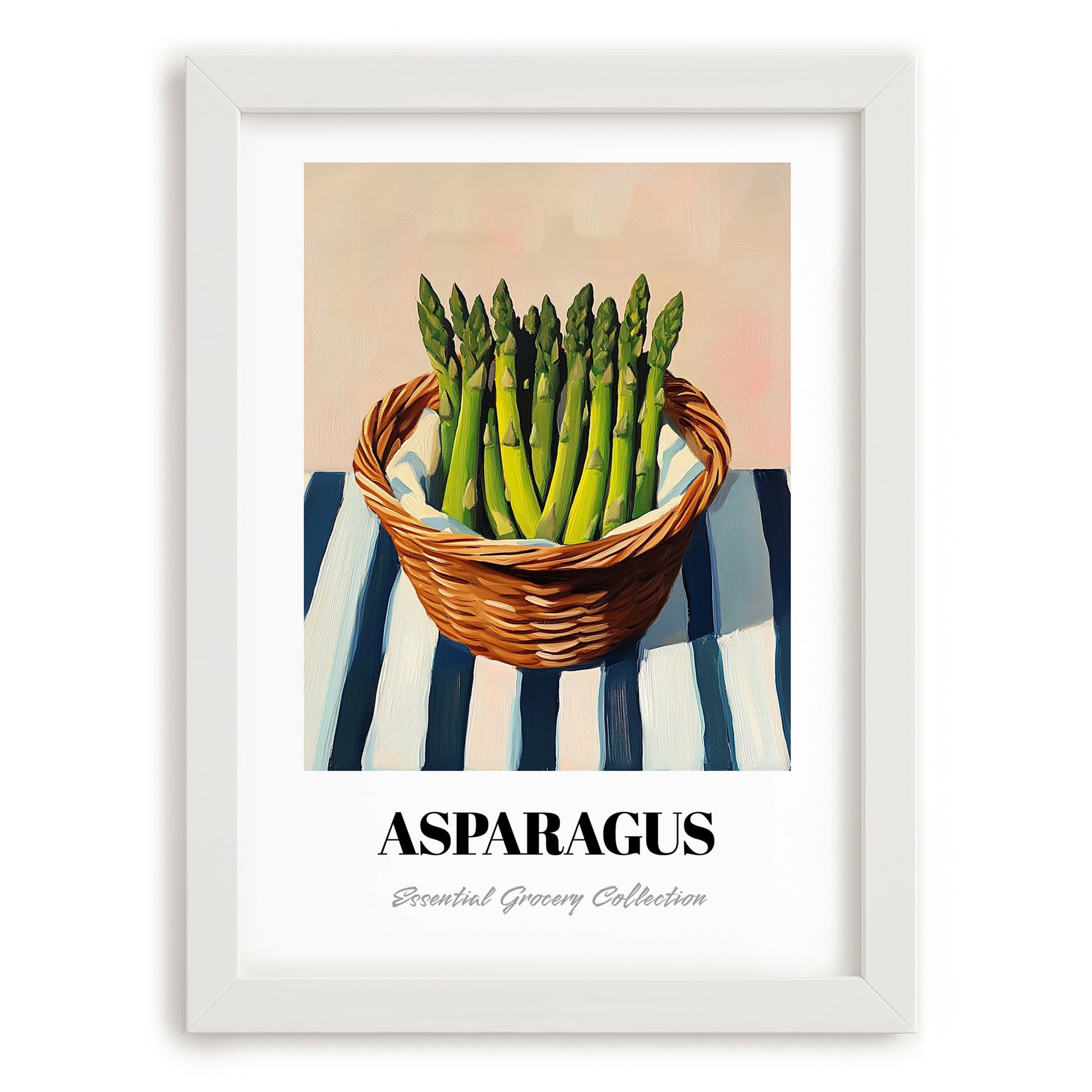 Asparagus – on Striped Tablecloth, Vegetable Painting, placed in minimal white frame