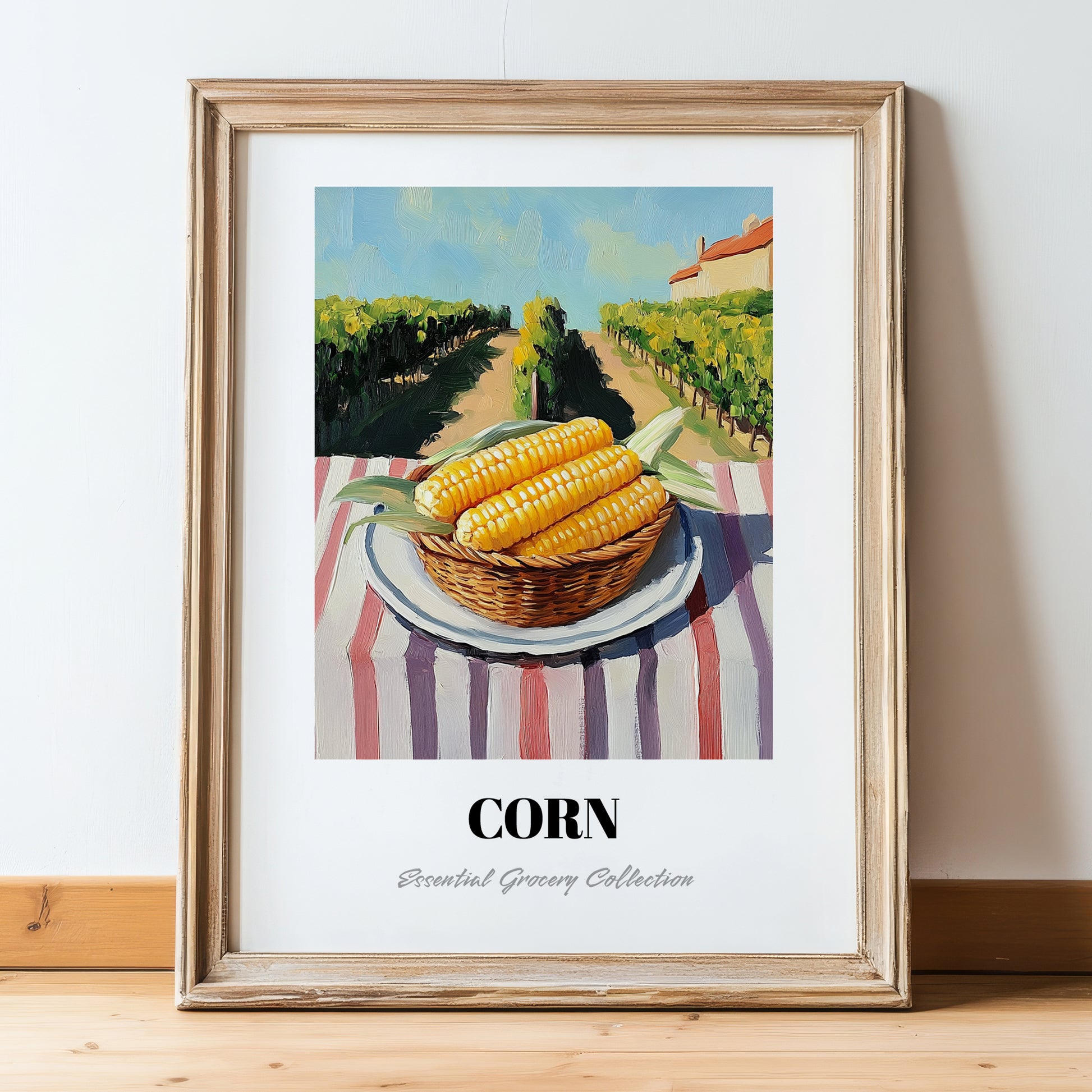 Corn – Green Valley Landscape, Vegetable Still Life, in wooden frame leaning on the floor